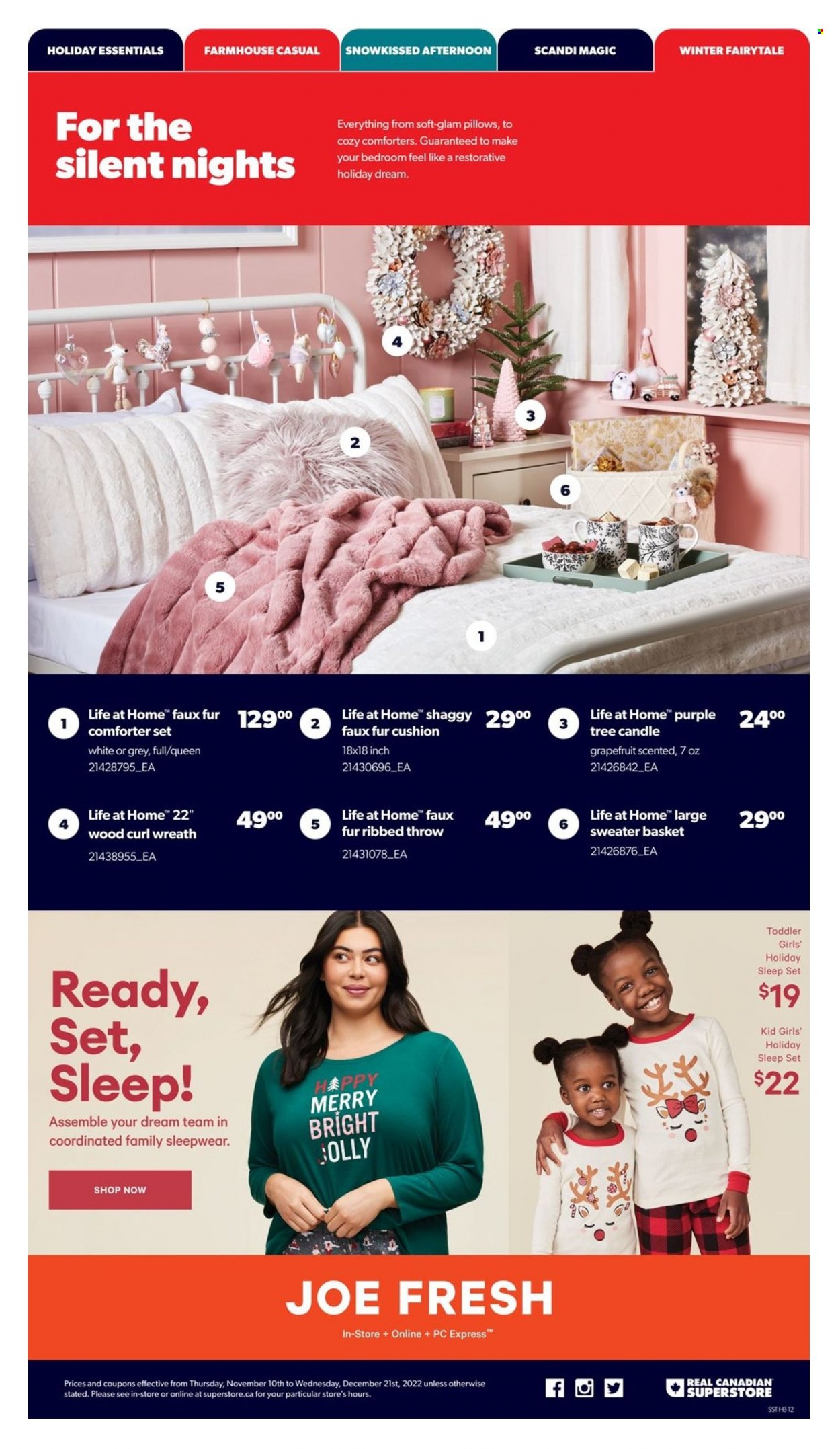 thumbnail - Real Canadian Superstore Flyer - November 10, 2022 - December 21, 2022 - Sales products - grapefruits, basket, candle, cushion, comforter, pillow, wreath, sleep set. Page 12.