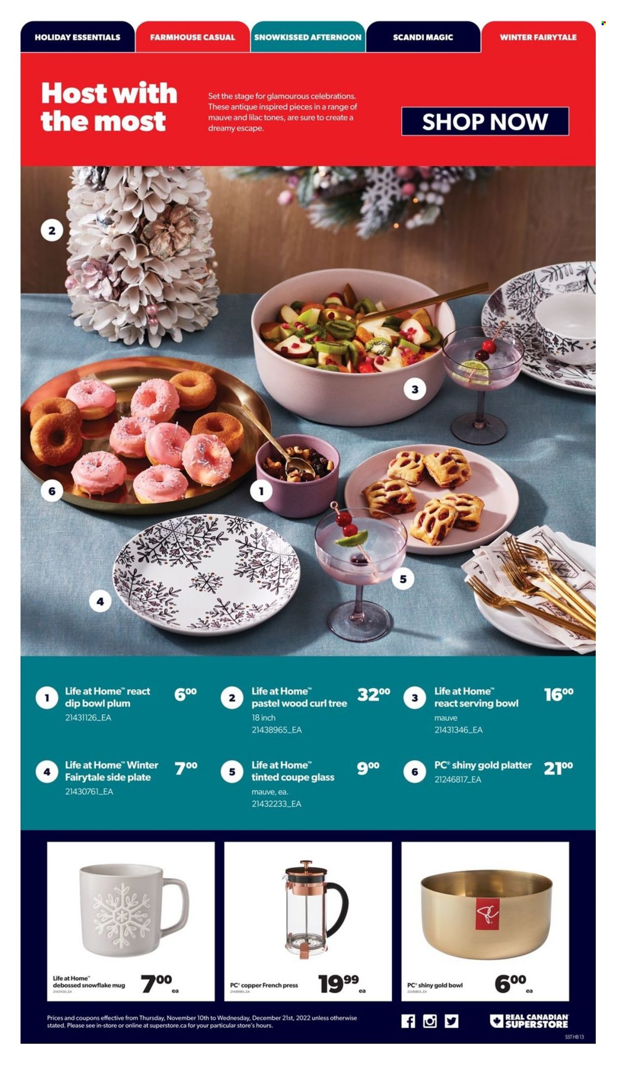 thumbnail - Real Canadian Superstore Flyer - November 10, 2022 - December 21, 2022 - Sales products - Celebration, mug, plate, serving bowl, bowl, French press. Page 13.