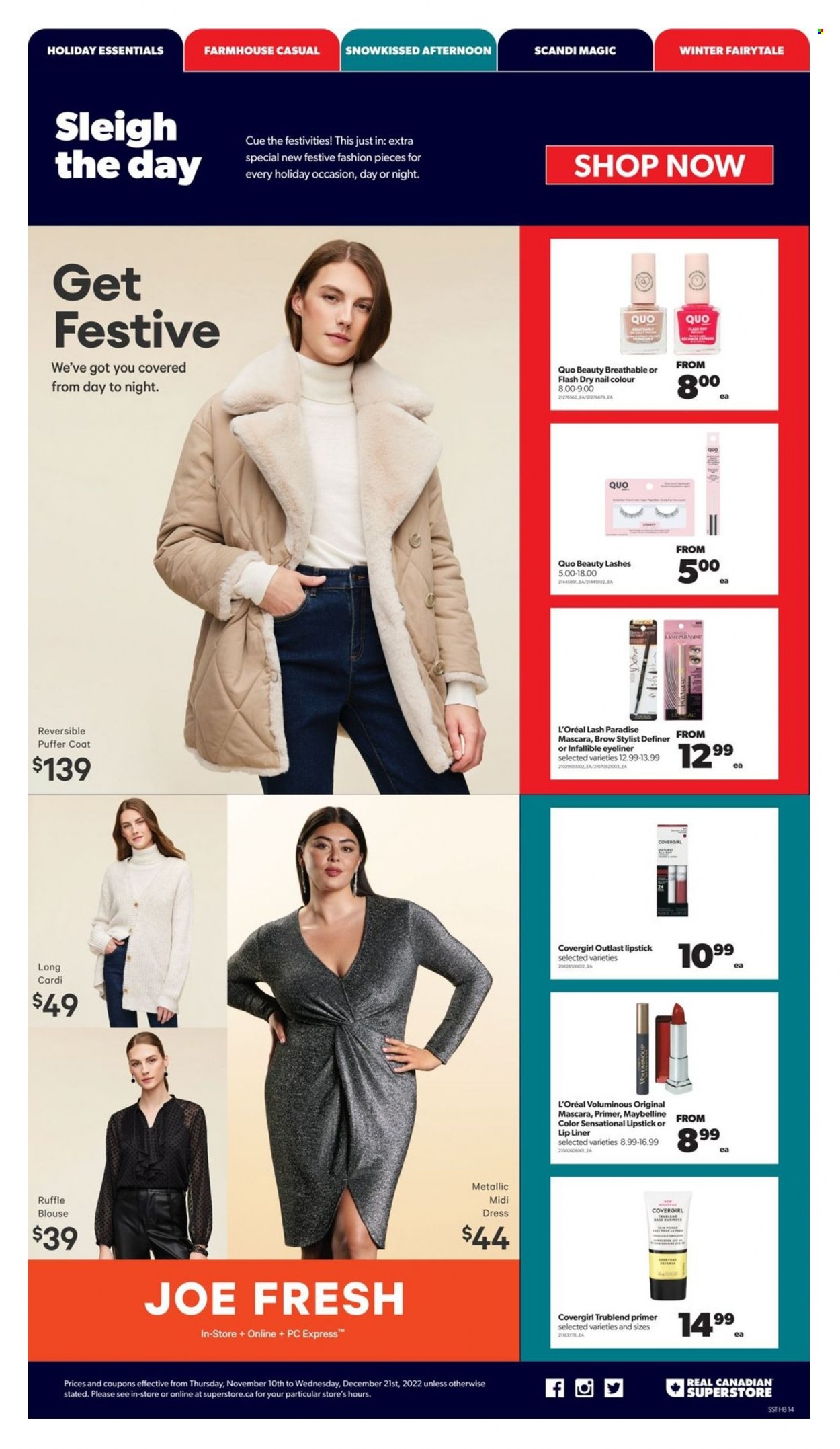 thumbnail - Real Canadian Superstore Flyer - November 10, 2022 - December 21, 2022 - Sales products - L’Oréal, lipstick, mascara, Maybelline, eyeliner. Page 14.