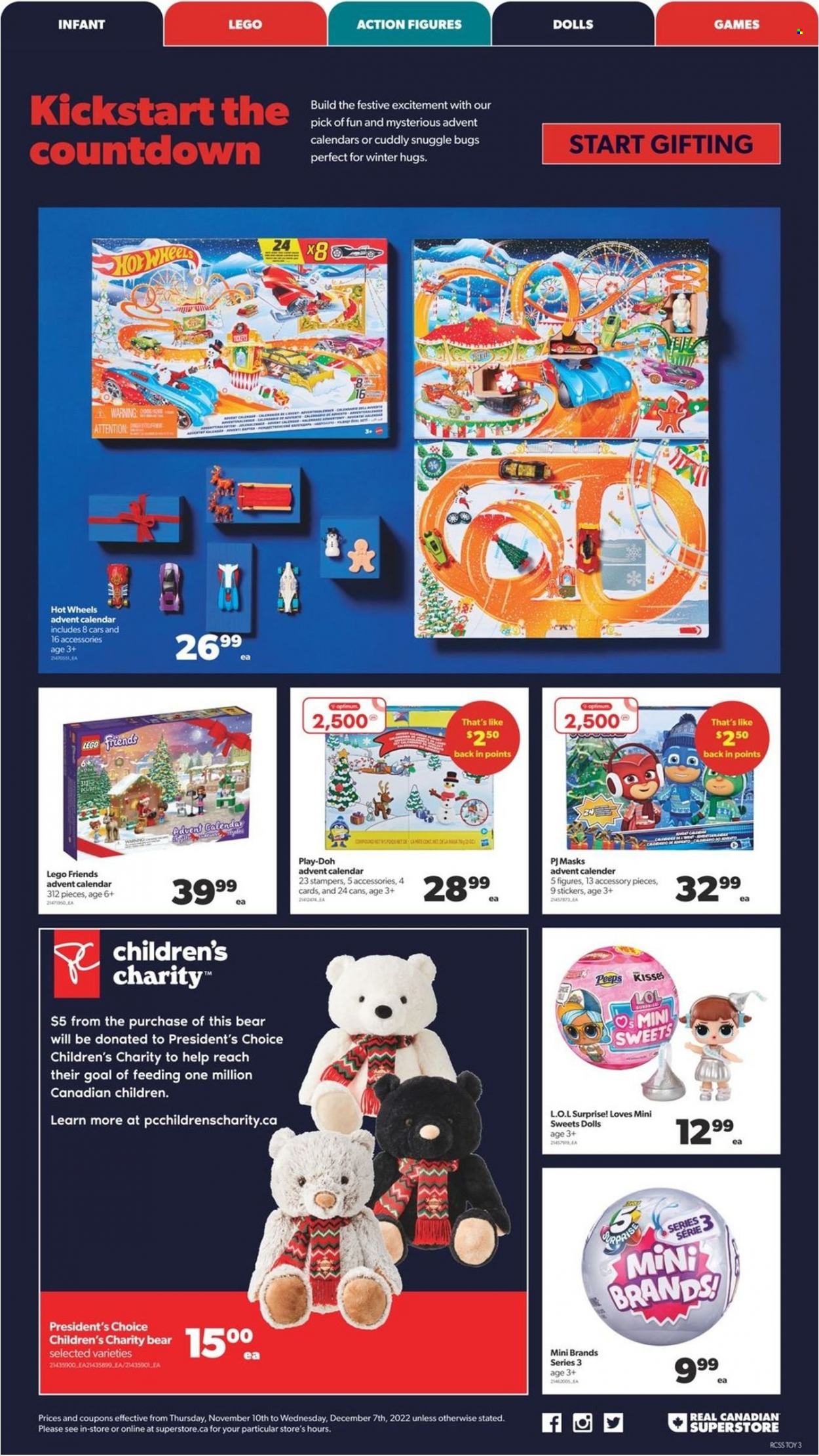 thumbnail - Real Canadian Superstore Flyer - November 10, 2022 - December 07, 2022 - Sales products - Président, advent calendar, Peeps, Hot Wheels, Snuggle, calendar, Optimum, doll, LEGO, toys, goal, LEGO Friends, sticker, Play-doh. Page 3.