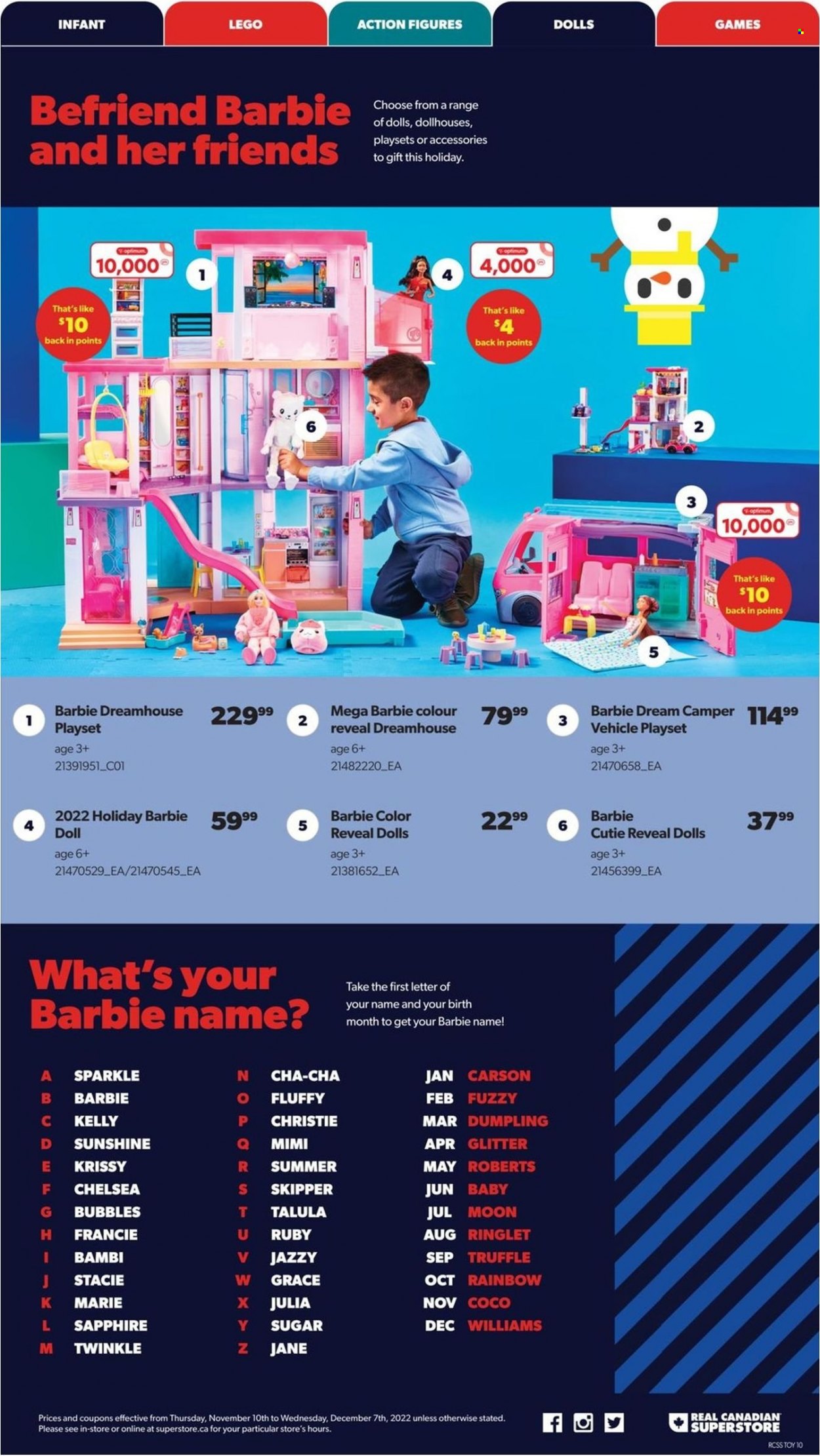 thumbnail - Real Canadian Superstore Flyer - November 10, 2022 - December 07, 2022 - Sales products - dumplings, Sunshine, truffles, sugar, Barbie, glitter, Optimum, doll, LEGO, play set, toys, vehicle. Page 10.