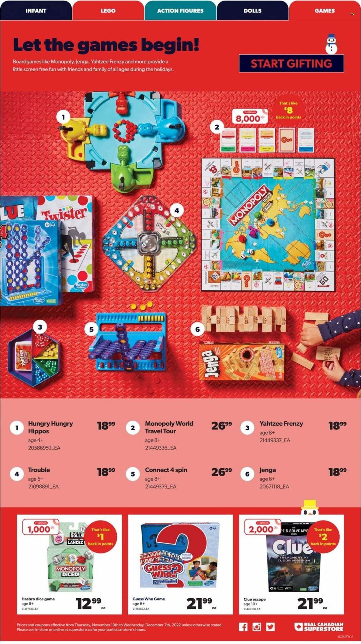 thumbnail - Real Canadian Superstore Flyer - November 10, 2022 - December 07, 2022 - Sales products - Optimum, doll, LEGO, Monopoly, Hasbro, toys, Guess Who, Twister. Page 13.