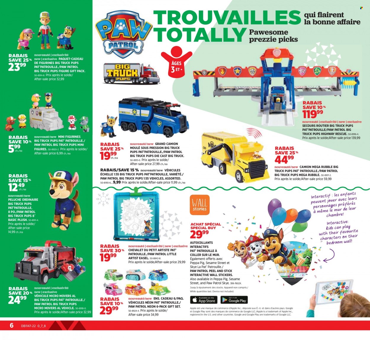 thumbnail - Canadian Tire Flyer - November 17, 2022 - December 07, 2022 - Sales products - Peppa Pig, easel, Paw Patrol, vehicle, minifigure, gift set, sticker. Page 6.