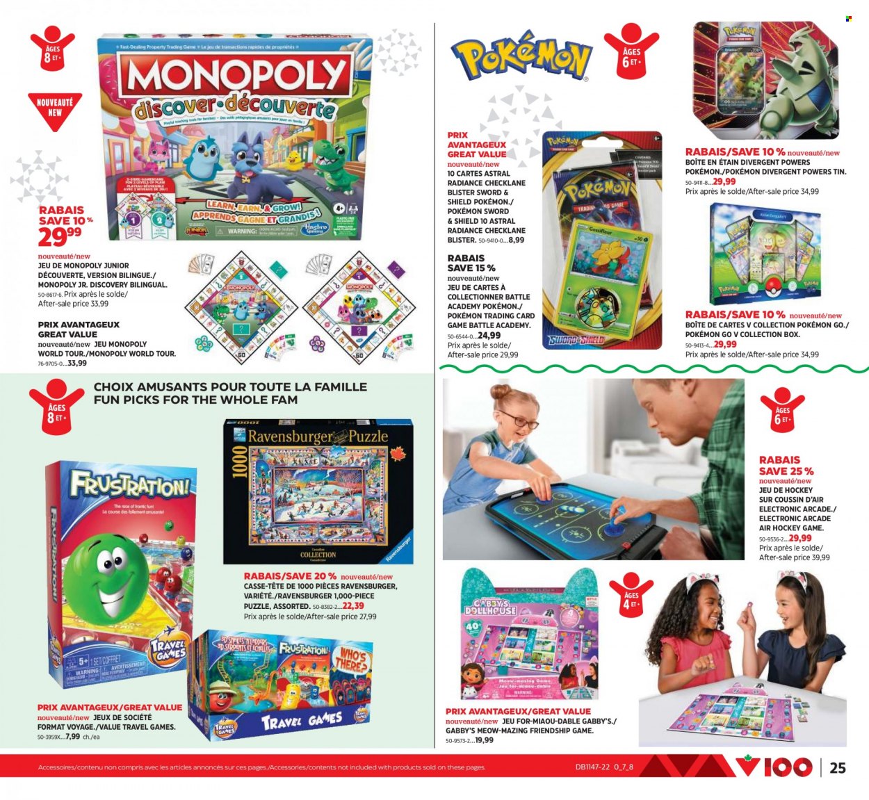 thumbnail - Canadian Tire Flyer - November 17, 2022 - December 07, 2022 - Sales products - Pokémon, Monopoly, air hockey table, Ravensburger, puzzle. Page 25.