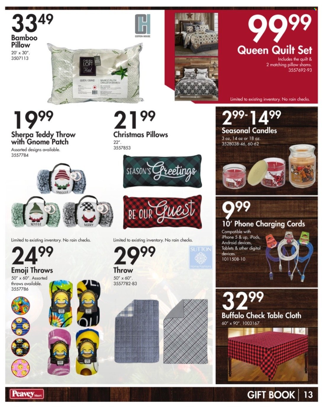 thumbnail - Peavey Mart Flyer - November 12, 2022 - December 25, 2022 - Sales products - candle, book, tablecloth, pillow, quilt, table, sherpa. Page 13.