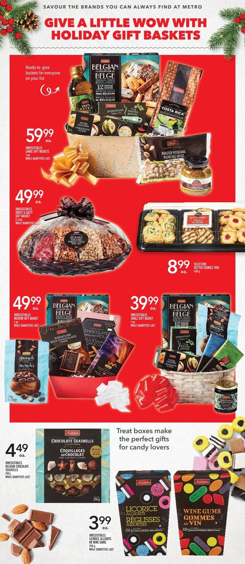 thumbnail - Metro Flyer - November 17, 2022 - December 14, 2022 - Sales products - cookies, milk chocolate, chocolate, chocolate cookies, butter cookies, crackers, biscuit, almonds, pistachios, gin, basket, pesto. Page 3.
