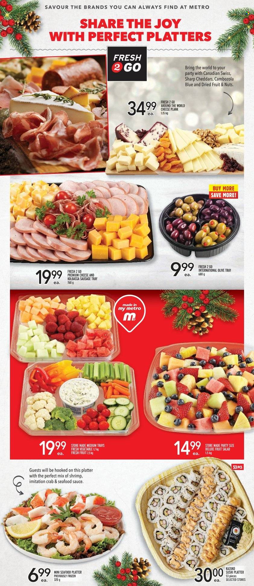 thumbnail - Metro Flyer - November 17, 2022 - December 14, 2022 - Sales products - salad, seafood, crab, shrimps, sausage, cheese, fruit salad, dried fruit, tray, Sharp. Page 4.