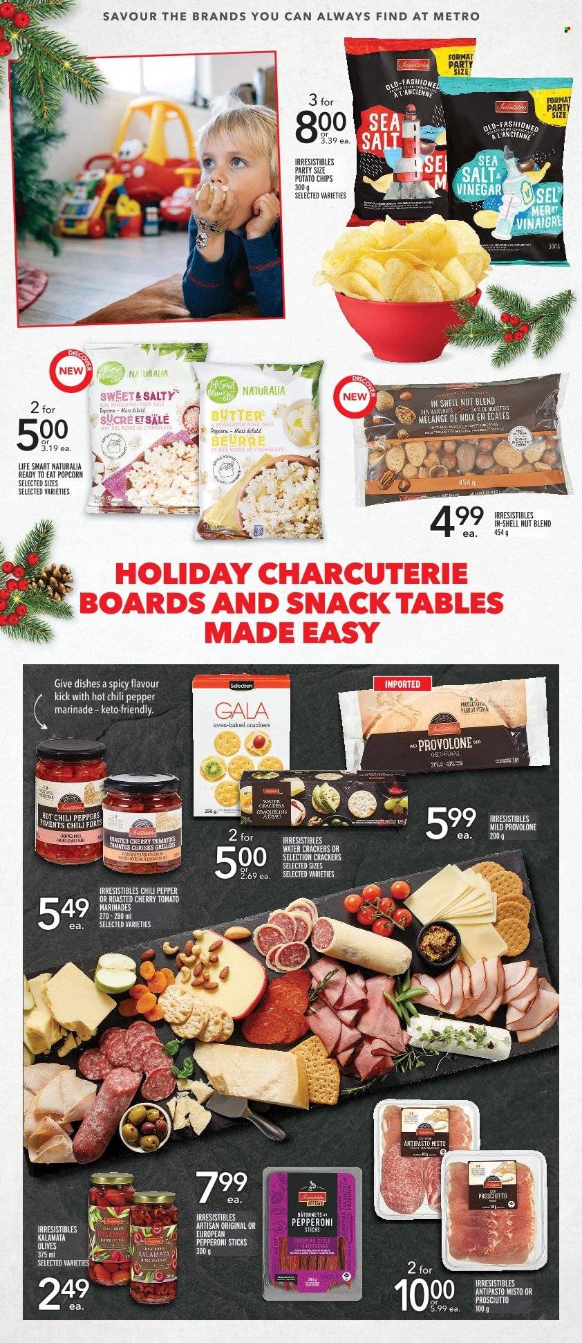 thumbnail - Metro Flyer - November 17, 2022 - December 14, 2022 - Sales products - tomatoes, chili peppers, Gala, cherries, pepperoni, Provolone, snack, crackers, potato chips, chips, popcorn, marinade, wine, rosé wine, rose, olives. Page 8.