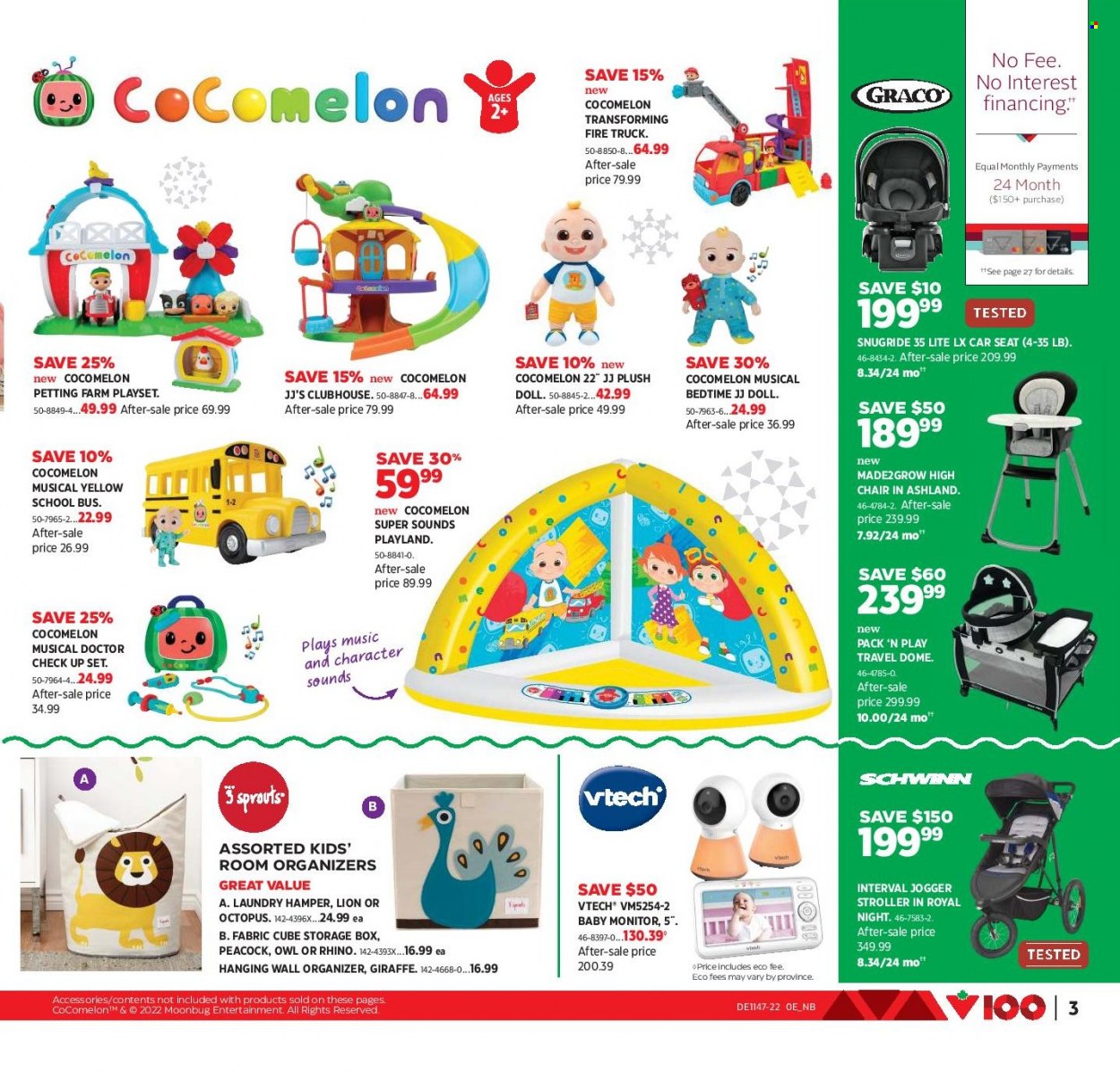 thumbnail - Canadian Tire Flyer - November 18, 2022 - December 08, 2022 - Sales products - chair, laundry hamper, baby monitor, high chair, doll, Vtech, play set, owl, baby car seat, Rhino. Page 3.