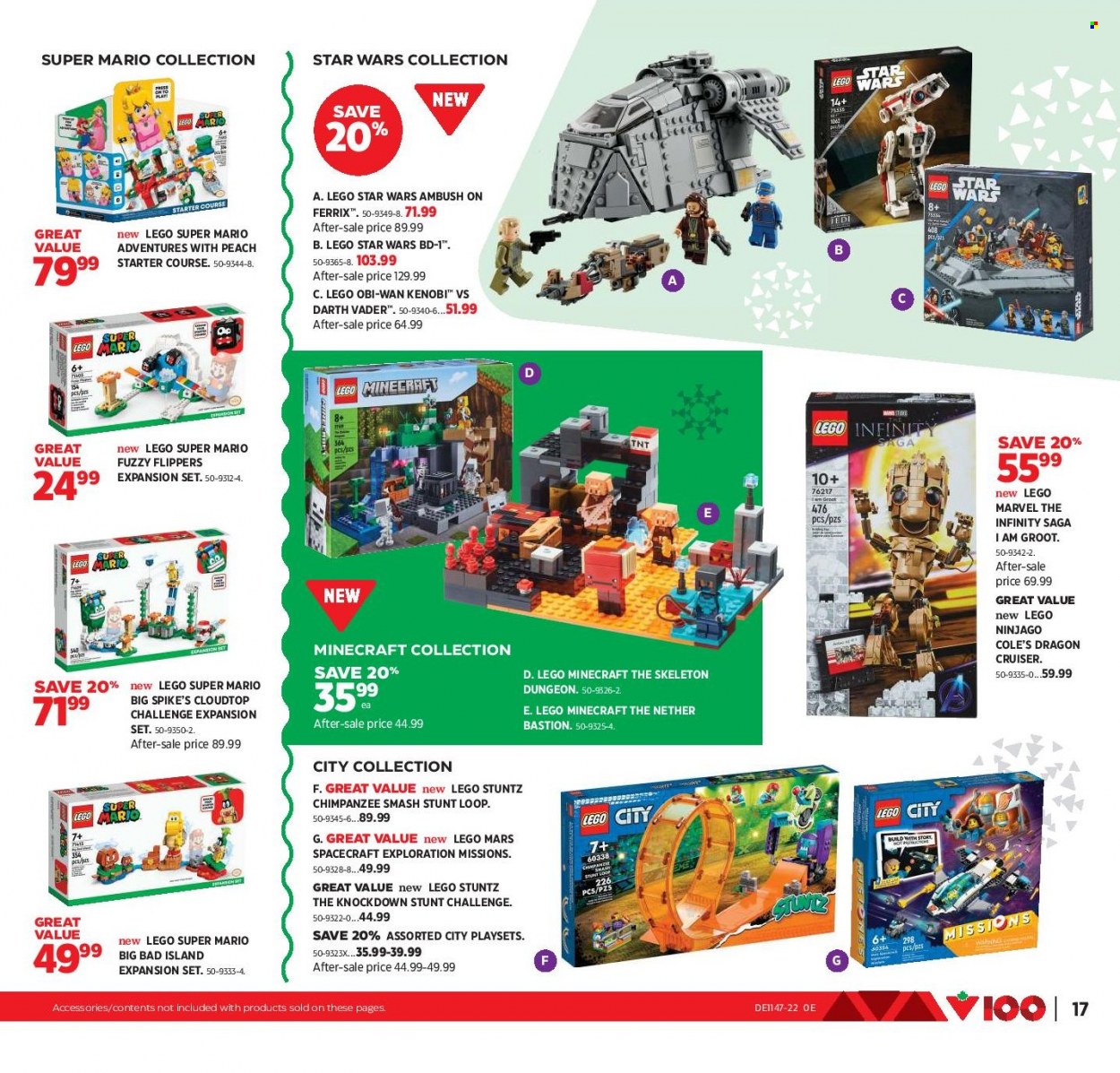 thumbnail - Canadian Tire Flyer - November 18, 2022 - December 08, 2022 - Sales products - Infinity, LEGO, play set, LEGO Super Mario, cruiser, LEGO City, LEGO Minecraft, LEGO Ninjago, LEGO Star Wars, Ninjago. Page 17.