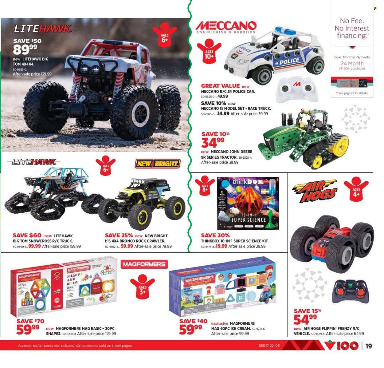 thumbnail - Canadian Tire Flyer - November 18, 2022 - December 08, 2022 - Sales products - John Deere, Meccano, vehicle, science kit, Air Hogs, Magformers, tractor, police car. Page 19.