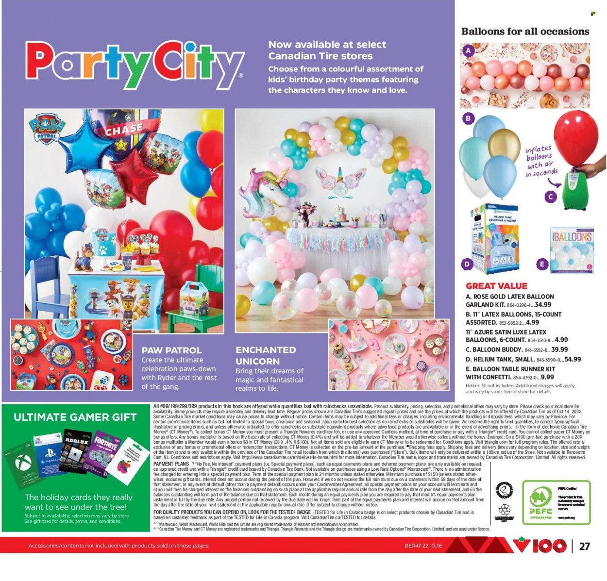 thumbnail - Canadian Tire Flyer - November 18, 2022 - December 08, 2022 - Sales products - paper, balloons, book, table runner, tank, Paws, garland, Paw Patrol. Page 27.