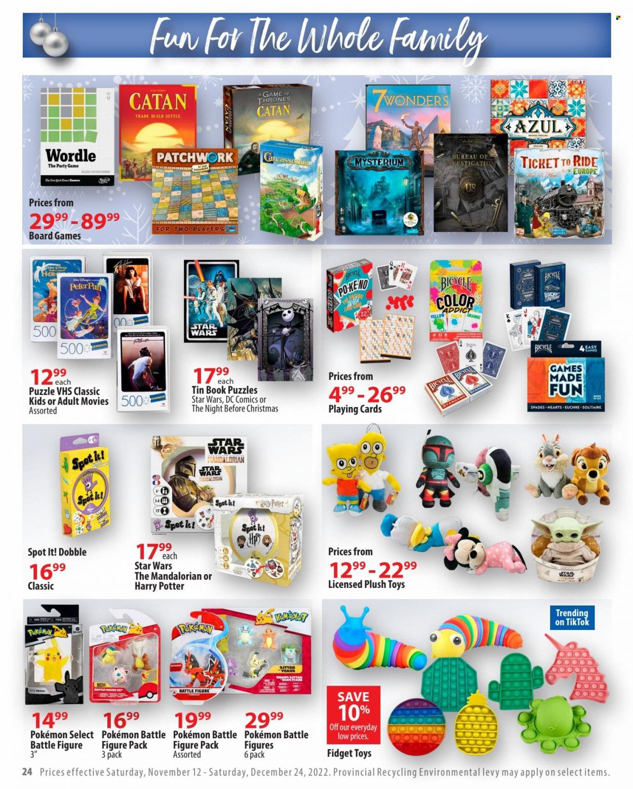 thumbnail - London Drugs Flyer - November 12, 2022 - December 24, 2022 - Sales products - Hewlett Packard, Disney, pan, Harry Potter, Pokémon, book, playing cards, Pikachu, toys, board game, Ticket to Ride, puzzle. Page 24.