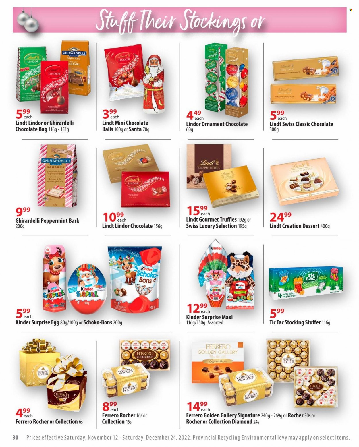 thumbnail - London Drugs Flyer - November 12, 2022 - December 24, 2022 - Sales products - chocolate, Kinder Surprise, truffles, Santa, Tic Tac, Ghirardelli, bag, Lindt, Lindor, Ferrero Rocher. Page 30.
