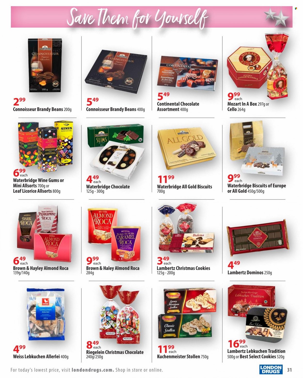 thumbnail - London Drugs Flyer - November 12, 2022 - December 24, 2022 - Sales products - cookies, chocolate, biscuit, dark chocolate, sea salt, beans, Continental, caramel, brandy, Cello, liqueur. Page 31.