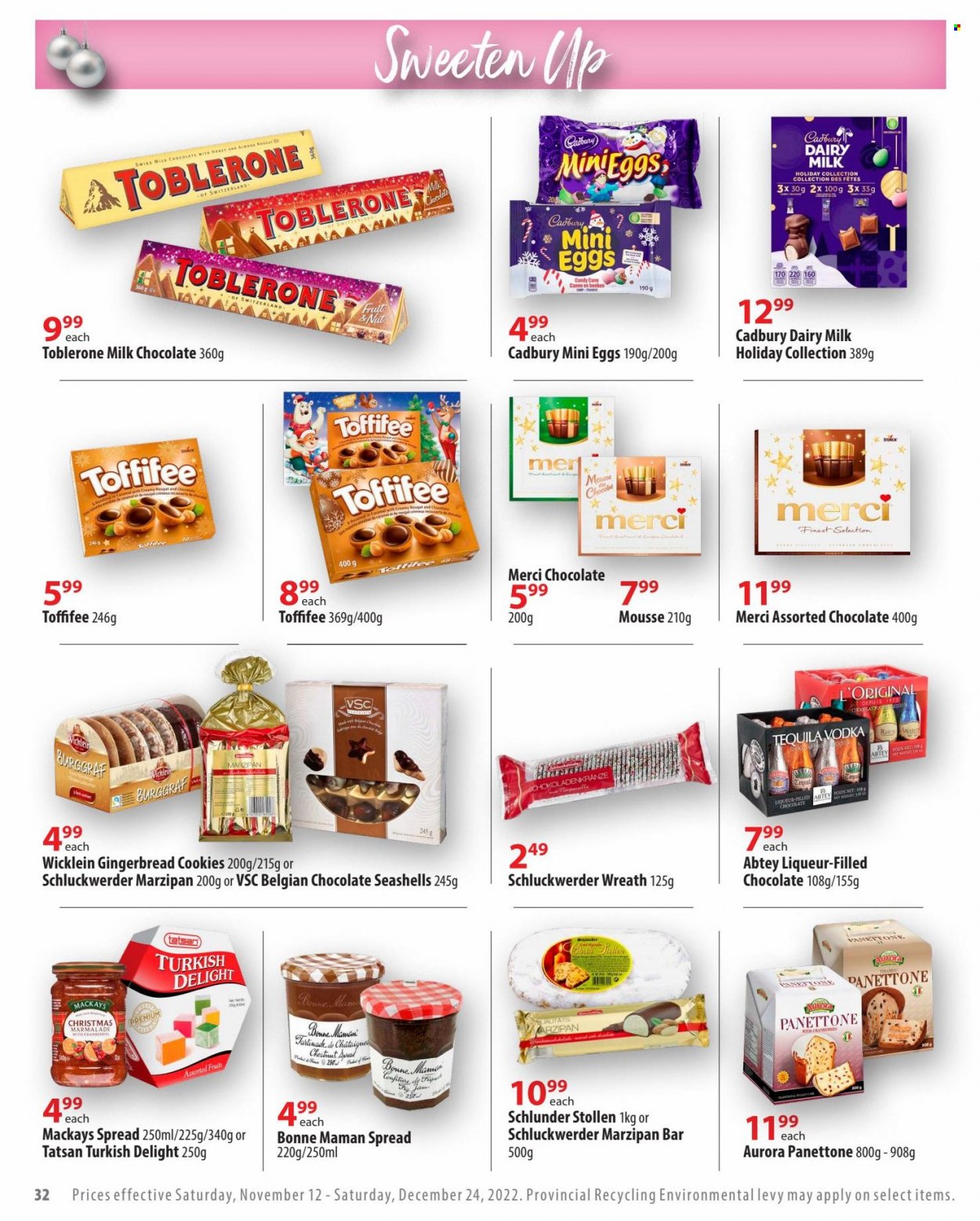 thumbnail - London Drugs Flyer - November 12, 2022 - December 24, 2022 - Sales products - cookies, gingerbread, gingerbread cookies, milk chocolate, candy cane, Toblerone, Cadbury, Merci, Dairy Milk, marzipan, cranberries, wreath, liqueur, tequila, vodka, nougat. Page 32.