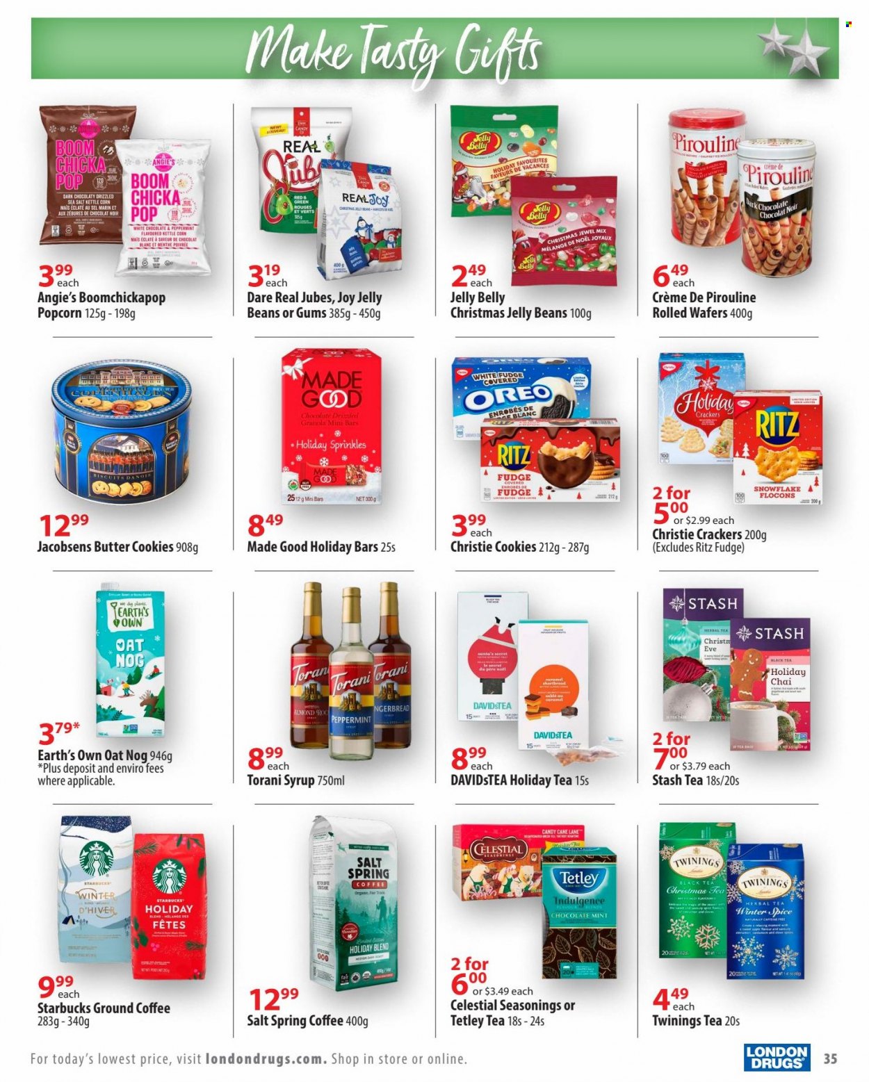 thumbnail - London Drugs Flyer - November 12, 2022 - December 24, 2022 - Sales products - Hewlett Packard, cookies, fudge, wafers, white chocolate, chocolate, butter cookies, candy cane, crackers, Santa, jelly beans, RITZ, kettle corn, popcorn, oats, spice, syrup, tea, herbal tea, Twinings, coffee, ground coffee, Starbucks, Joy, granola, Oreo. Page 35.