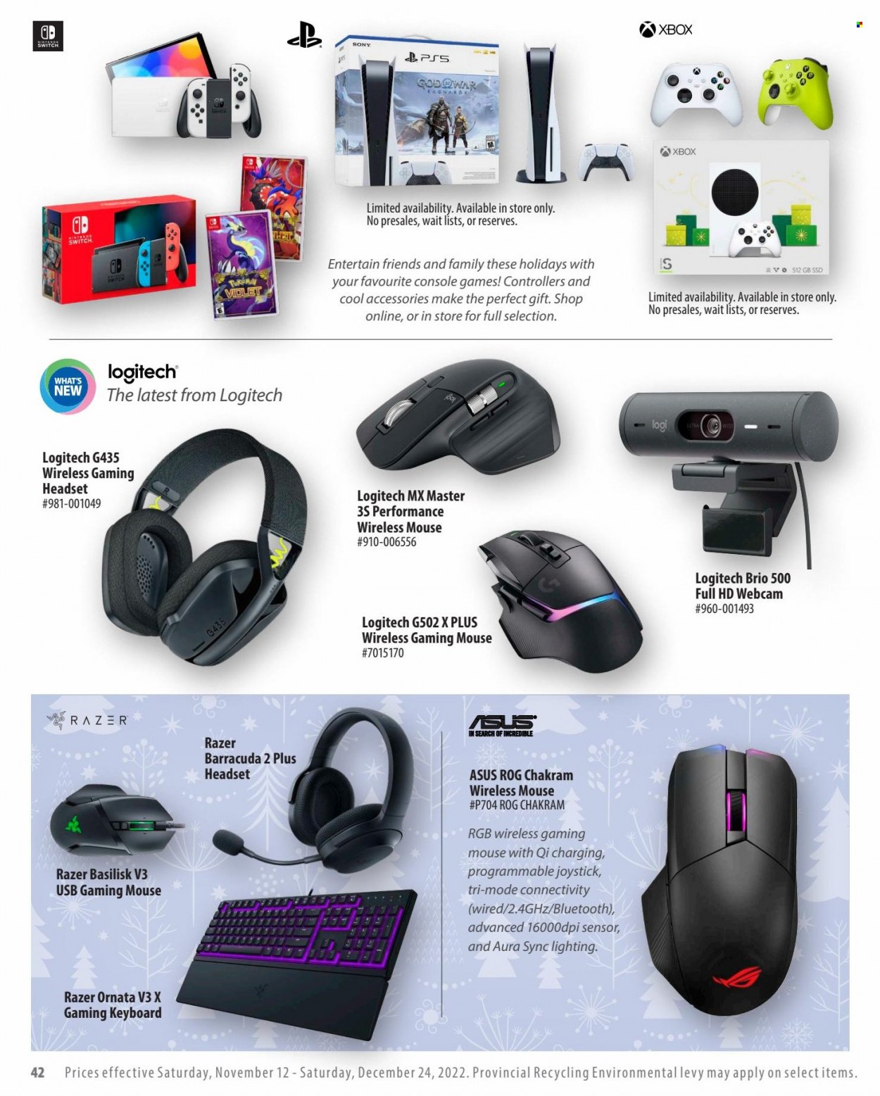 thumbnail - London Drugs Flyer - November 12, 2022 - December 24, 2022 - Sales products - gaming mouse, Sony, gaming headset, switch, keyboard, webcam, Logitech, mouse, headset, Asus, Razer, Xbox. Page 42.