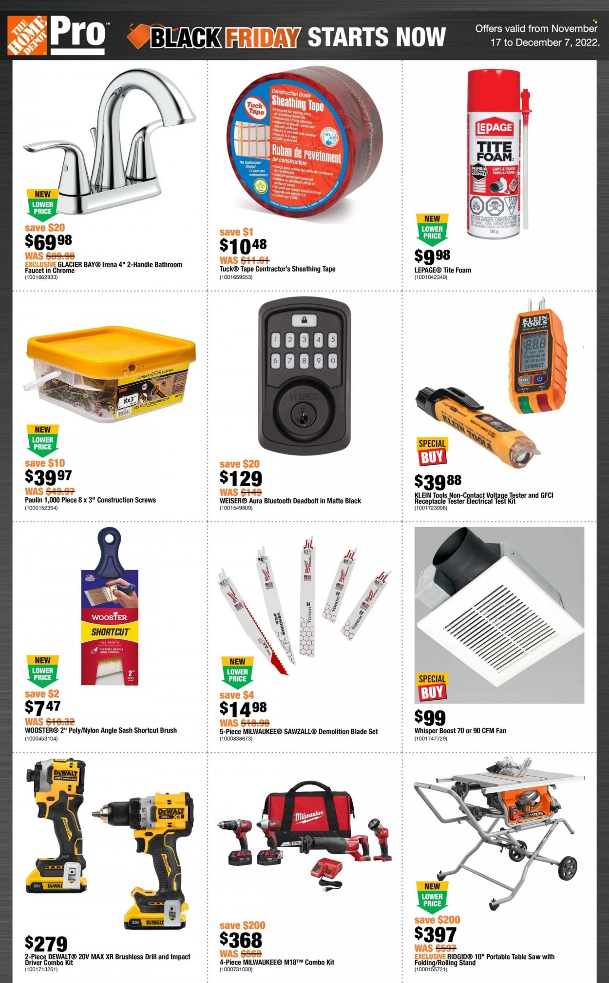thumbnail - The Home Depot Flyer - November 17, 2022 - December 07, 2022 - Sales products - table, faucet, Milwaukee, DeWALT, drill, impact driver, Ridgid, saw, table saw, combo kit. Page 1.