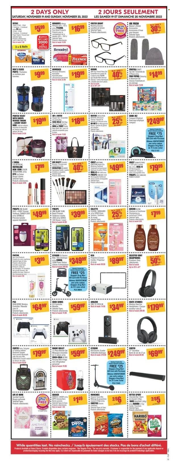thumbnail - Shoppers Drug Mart Flyer - November 17, 2022 - November 25, 2022 - Sales products - Sony, Amazon Fire, Philips, Quaker, Paw Patrol, snack, Haribo, Ritter Sport, chocolate bar, Cheetos, granola bar, Coca-Cola, pants, Aveeno, Bella, Crest, Gillette, L’Oréal, NYX Cosmetics, Venus, shaver, trimmer, eyeshadow, Maybelline, candle, Optimum, RCA, speaker, sound bar, Beats, headphones, Fire TV Stick, TV stick, Sonicare, epilator, Satinelle, Revitive, train, pain relief, Tylenol, shampoo, Pantene, Oral-B, Xbox. Page 2.
