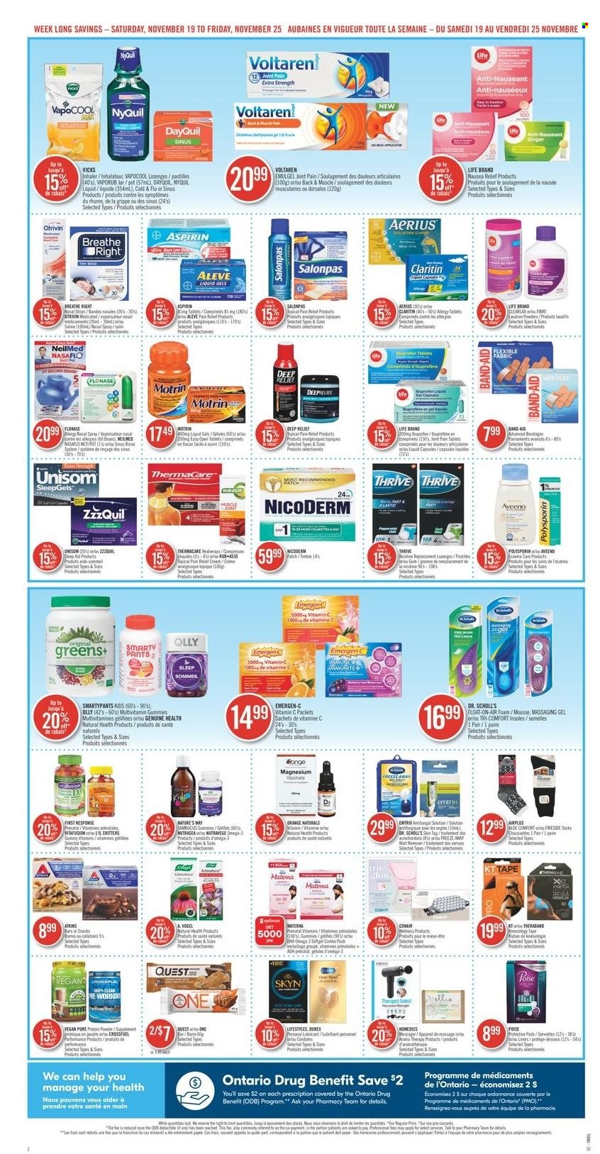 thumbnail - Shoppers Drug Mart Flyer - November 17, 2022 - November 25, 2022 - Sales products - snack, pastilles, ginger, pepper, pants, Vicks, pot, jar, Optimum, massager, socks, pain relief, Aleve, DayQuil, Cold & Flu, magnesium, multivitamin, NicoDerm, Thermacare, Unisom, Vitafusion, vitamin c, ZzzQuil, Prenatal, NyQuil, Omega-3, Emergen-C, whey protein, VapoRub, aspirin, nasal spray, Motrin, Dr. Scholl's, band-aid. Page 3.