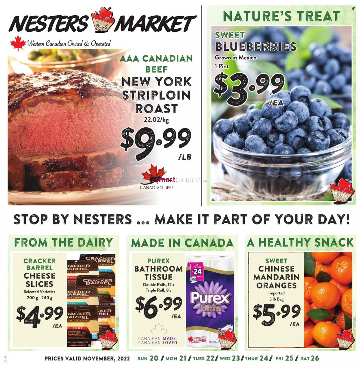thumbnail - Nesters Food Market Flyer - November 20, 2022 - November 26, 2022 - Sales products - blueberries, mandarines, oranges, sliced cheese, cheese, crackers, bath tissue, Purex. Page 1.