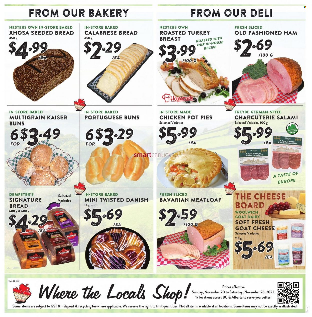 thumbnail - Nesters Food Market Flyer - November 20, 2022 - November 26, 2022 - Sales products - bread, buns, pot pie, meatloaf, salami, ham, goat cheese. Page 8.