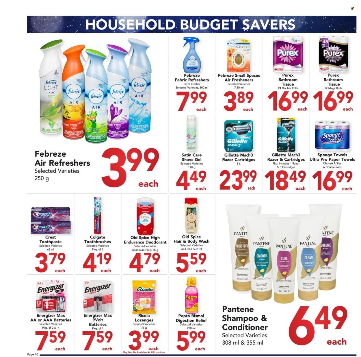 thumbnail - Buy-Low Foods Flyer - November 20, 2022 - December 31, 2022 - Sales products - Ricola, spice, bath tissue, kitchen towels, paper towels, Febreze, Gain, Purex, body wash, hair & body wash, toothpaste, Crest, Gillette, conditioner, anti-perspirant, shave gel, Energizer, Colgate, shampoo, Pantene, Old Spice, deodorant. Page 10.