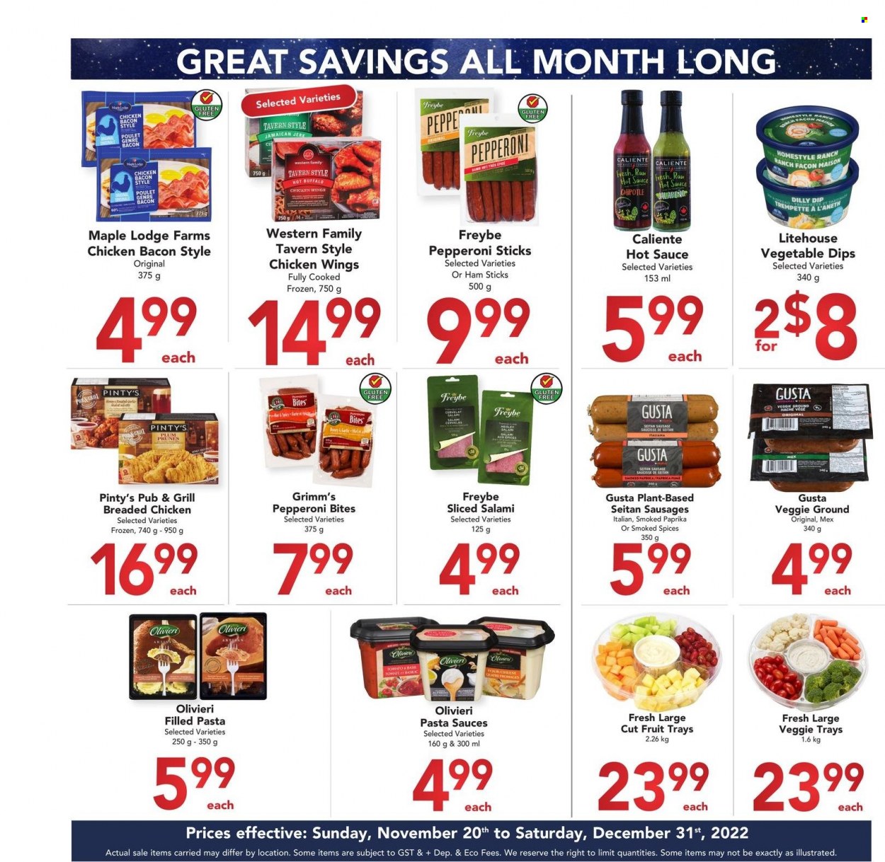 thumbnail - Buy-Low Foods Flyer - November 20, 2022 - December 31, 2022 - Sales products - jalapeño, pasta sauce, pasta, fried chicken, filled pasta, bacon, salami, sausage, pepperoni, dip, pepper, hot sauce, prunes, dried fruit. Page 11.