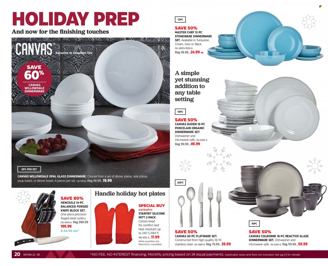 thumbnail - Canadian Tire Flyer - November 11, 2022 - December 01, 2022 - Sales products - knife, dinnerware set, flatware, flatware set, plate, knife block, dinner plate, stoneware, canvas, soup, microwave, dishwasher. Page 20.