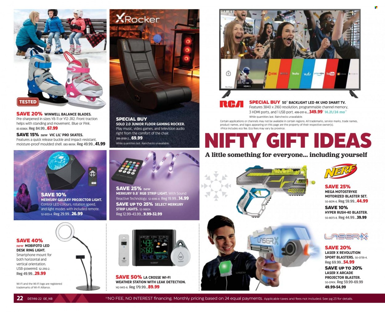 thumbnail - Canadian Tire Flyer - November 11, 2022 - December 01, 2022 - Sales products - chair, smartphone, UHD TV, TV, RCA, desk, skates, Shell, Nerf, smart tv. Page 22.