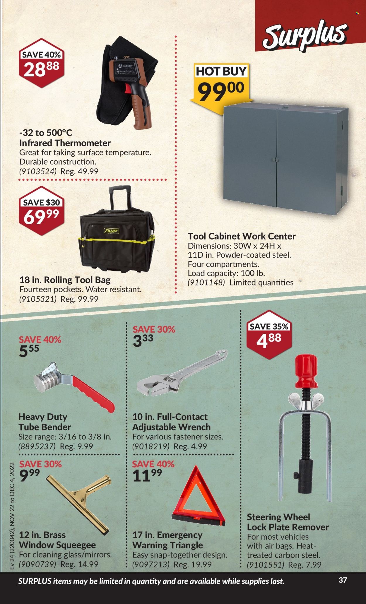 thumbnail - Princess Auto Flyer - November 22, 2022 - December 04, 2022 - Sales products - thermometer, wrench, cabinet, tool cabinets, tool bag. Page 42.