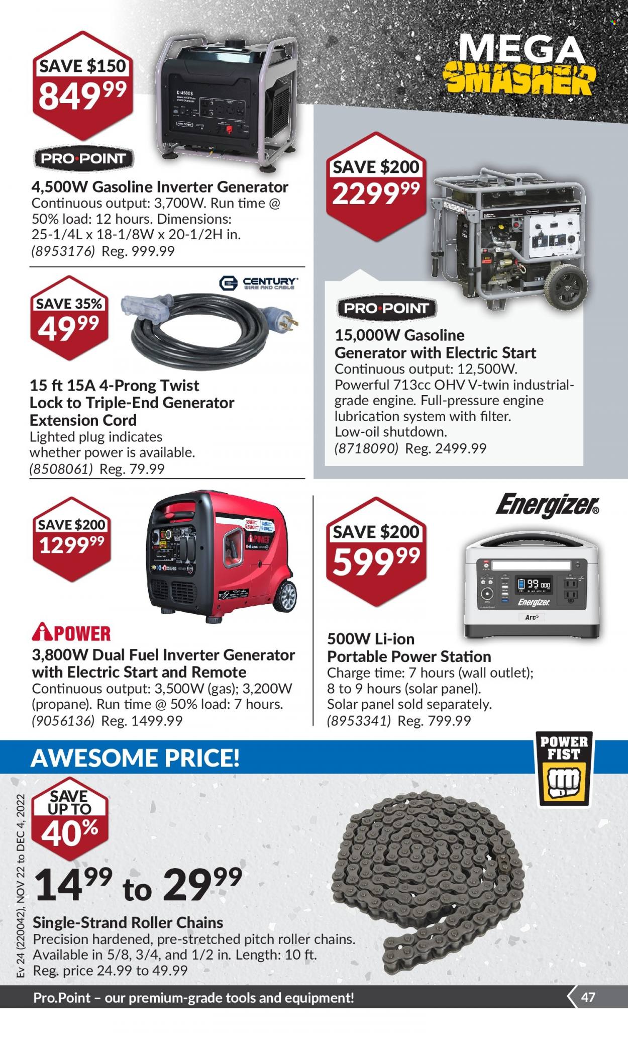 thumbnail - Princess Auto Flyer - November 22, 2022 - December 04, 2022 - Sales products - roller, solar panel, extension cord, generator, inverter generator. Page 52.