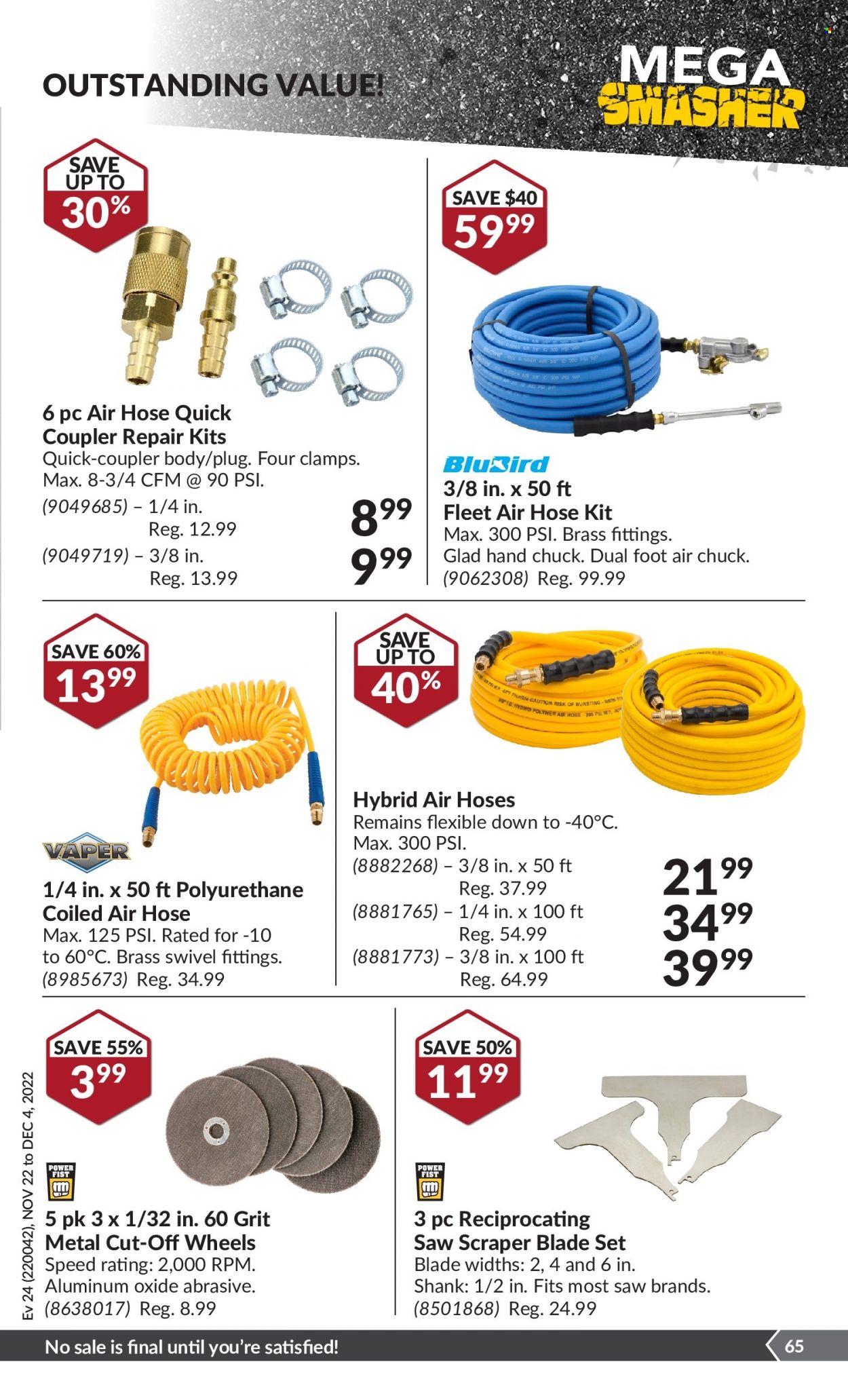 thumbnail - Princess Auto Flyer - November 22, 2022 - December 04, 2022 - Sales products - saw, reciprocating saw, grinding wheel, air hose. Page 70.