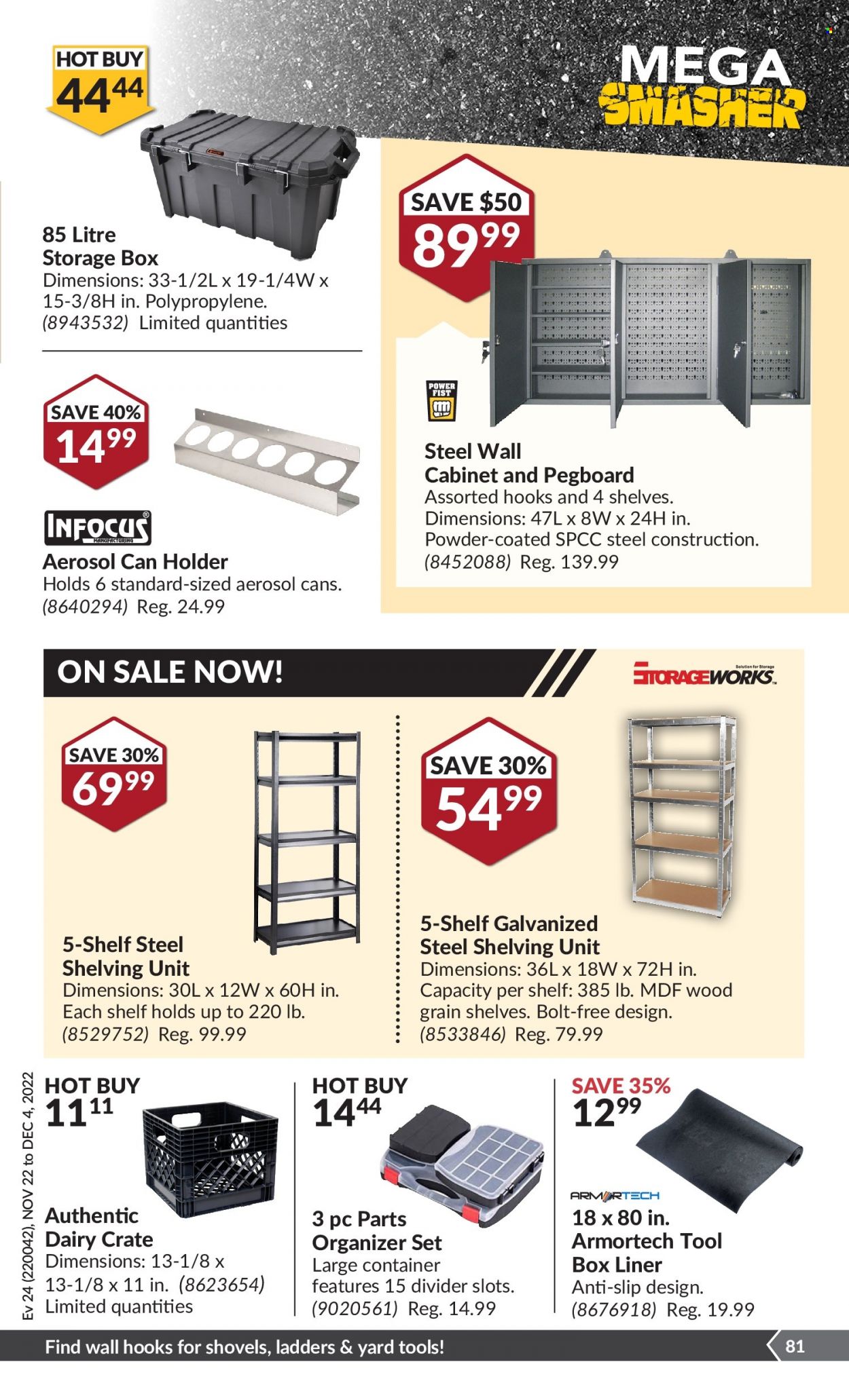 thumbnail - Princess Auto Flyer - November 22, 2022 - December 04, 2022 - Sales products - holder, pegboard, shovel, tool box, cabinet, wall cabinet, storage box, crate, container. Page 86.