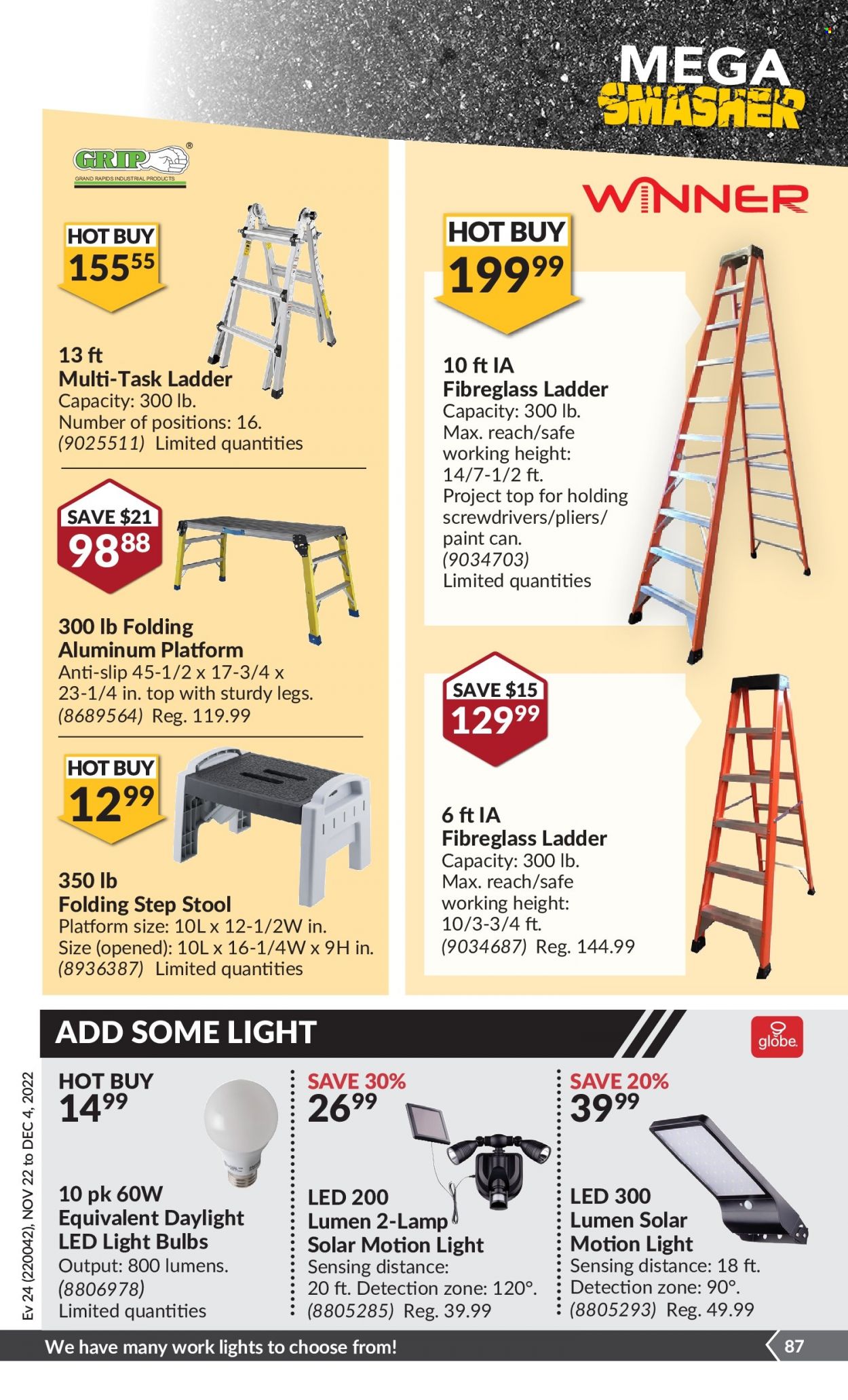 thumbnail - Princess Auto Flyer - November 22, 2022 - December 04, 2022 - Sales products - ladder, step stool, paint, lamp, LED light, pliers. Page 92.