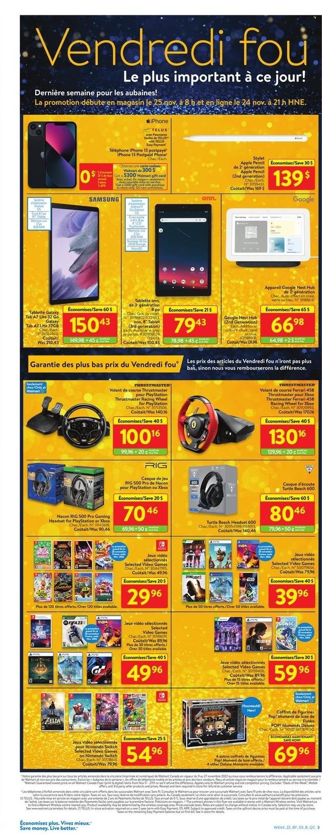 thumbnail - Circulaire Walmart - 24 Novembre 2022 - 27 Novembre 2022 - Produits soldés - Samsung, casque, nems, figurine, plaid, Apple, téléphone, tablette, Xbox, Playstation, string, train, iPhone. Page 3.