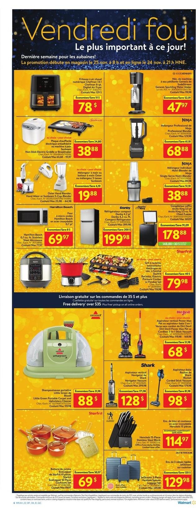 thumbnail - Circulaire Walmart - 24 Novembre 2022 - 27 Novembre 2022 - Produits soldés - La Raclette, SodaStream, balai, batterie de cuisine, congélateur, four, four à micro-ondes, friteuse, blender, valise, machine à pain. Page 6.