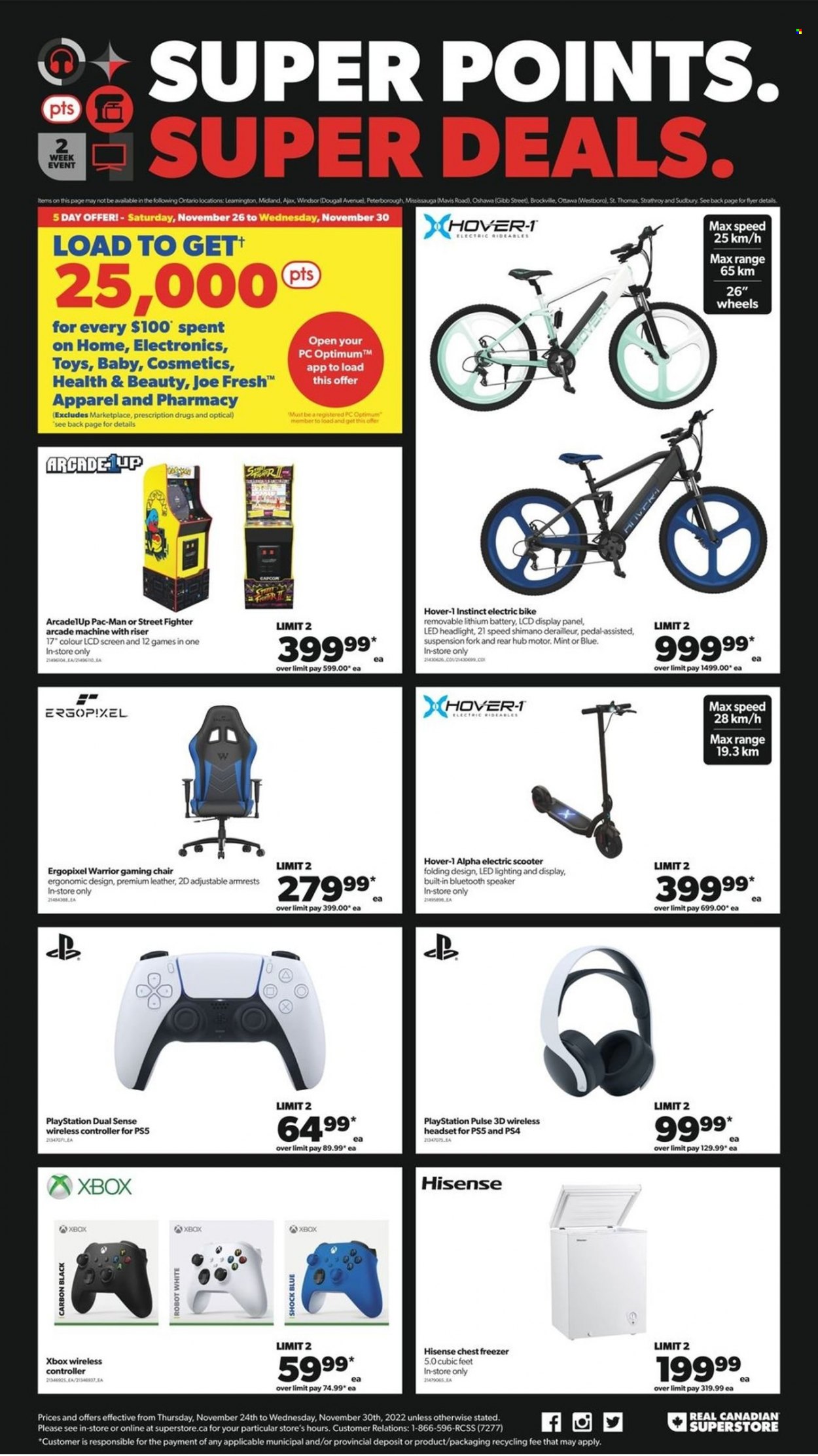 thumbnail - Real Canadian Superstore Flyer - November 24, 2022 - November 30, 2022 - Sales products - wireless controller, chair, White Star, Ajax, fork, Optimum, Hisense, PlayStation, PlayStation 4, PlayStation 5, speaker, bluetooth speaker, headset, toys, lighting, robot, Xbox. Page 4.