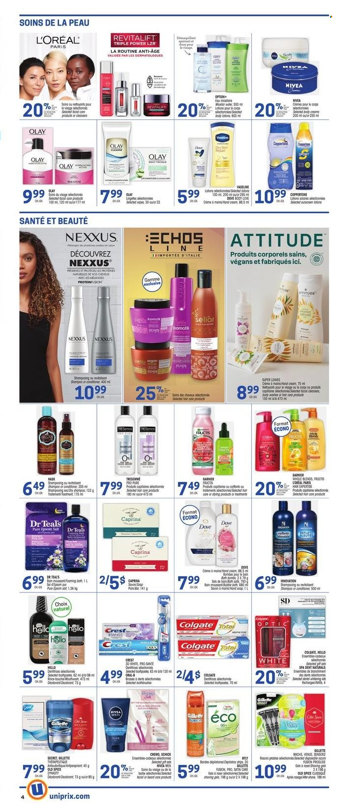 thumbnail - Uniprix Flyer - November 24, 2022 - November 30, 2022 - Sales products - Dove, spice, wipes, Nivea, Vaseline, Mousson, mouthwash, Crest, cleanser, Gillette, L’Oréal, Olay, conditioner, TRESemmé, Nexxus, Hask, Fructis, body lotion, anti-perspirant, Schick, Venus, Colgate, Garnier, shampoo, Old Spice, Oral-B, deodorant. Page 6.