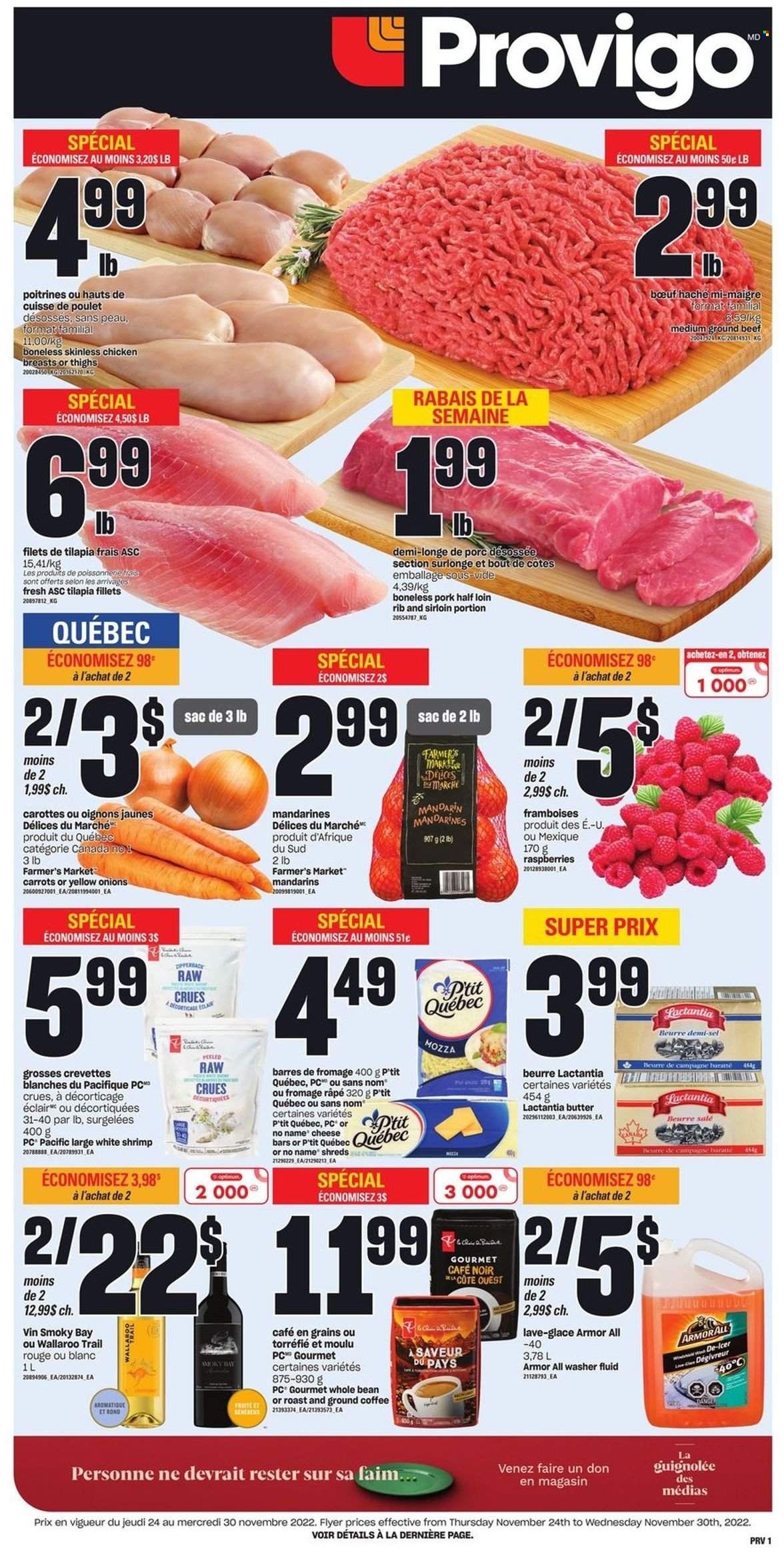 thumbnail - Provigo Flyer - November 24, 2022 - November 30, 2022 - Sales products - carrots, onion, mandarines, tilapia, shrimps, No Name, cheese, butter, coffee, ground coffee, chicken breasts, beef meat, ground beef, Optimum. Page 1.