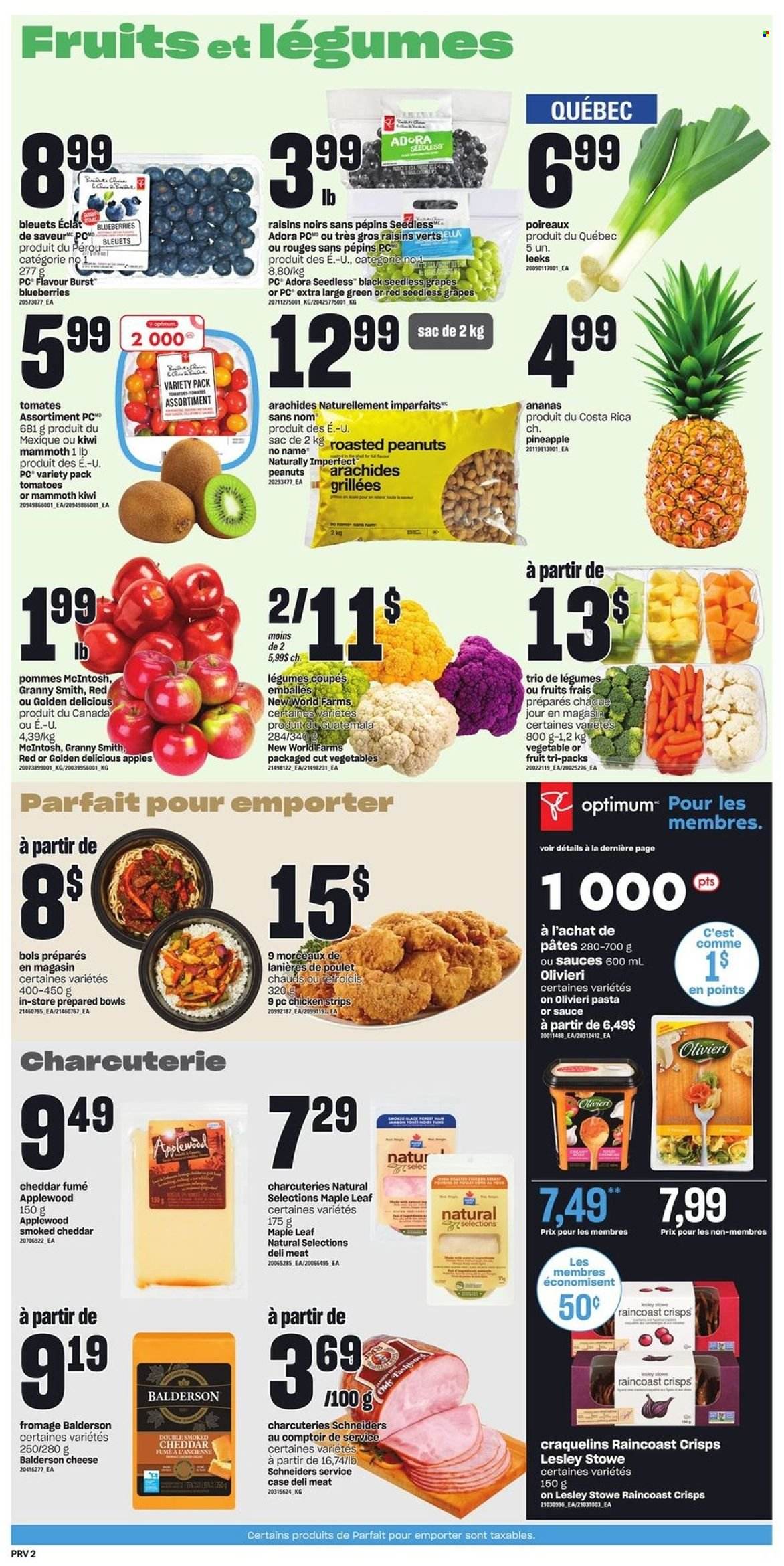 thumbnail - Provigo Flyer - November 24, 2022 - November 30, 2022 - Sales products - tomatoes, blueberries, grapes, seedless grapes, pineapple, Golden Delicious, Granny Smith, No Name, cheddar, cheese, strips, chicken strips, roasted peanuts, peanuts, dried fruit, Eclat, Optimum, kiwi, raisins. Page 3.