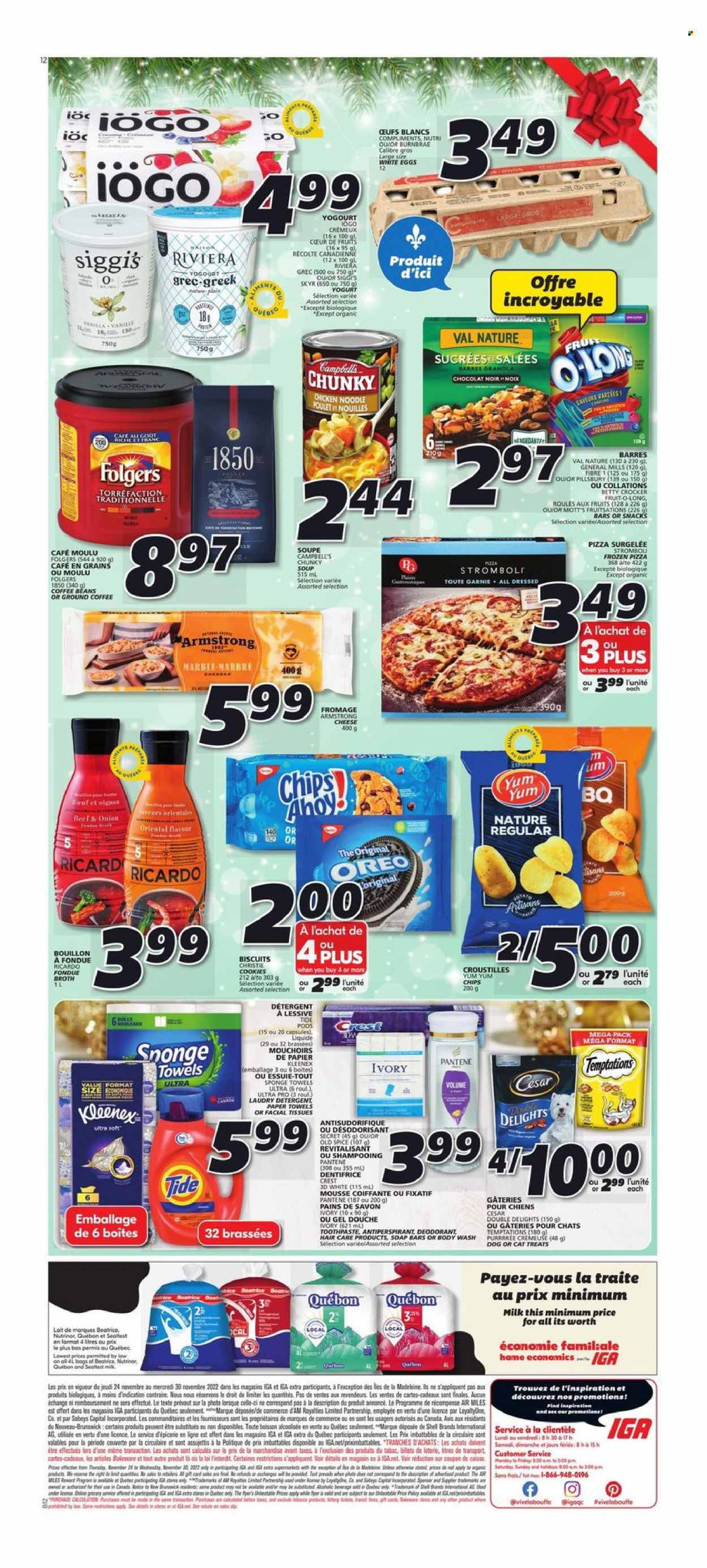 thumbnail - IGA Flyer - November 24, 2022 - November 30, 2022 - Sales products - Mott's, Campbell's, pizza, soup, Pillsbury, noodles, yoghurt, milk, eggs, cookies, biscuit, Santa, bouillon, broth, spice, coffee beans, Folgers, ground coffee, granola, Old Spice, Oreo. Page 2.