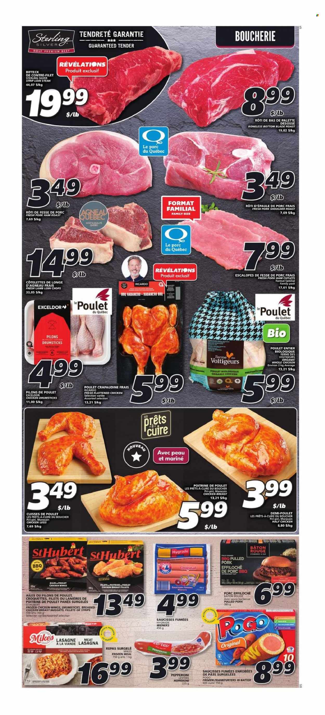 thumbnail - IGA Flyer - November 24, 2022 - November 30, 2022 - Sales products - pie, nuggets, sauce, fried chicken, chicken nuggets, lasagna meal, pulled pork, ham, pepperoni, chicken wings, strips, potato croquettes, whole chicken, chicken legs, chicken drumsticks, chicken, pork meat, pork roast, pork shoulder, lamb loin, lamb meat, steak. Page 4.