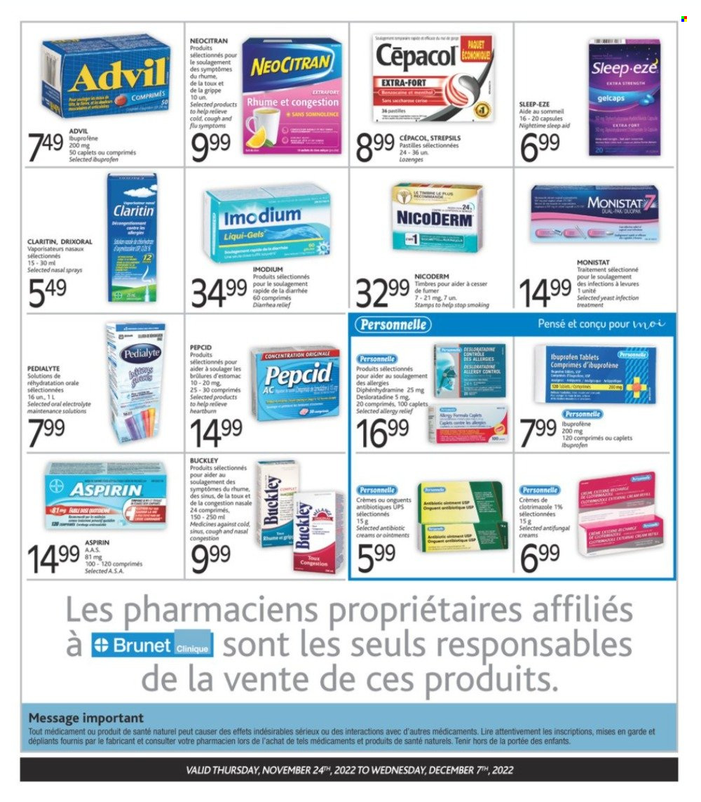 thumbnail - Brunet Clinique Flyer - November 24, 2022 - December 07, 2022 - Sales products - NicoDerm, Ibuprofen, Pepcid, Advil Rapid, Strepsils, aspirin, allergy relief, Imodium. Page 3.