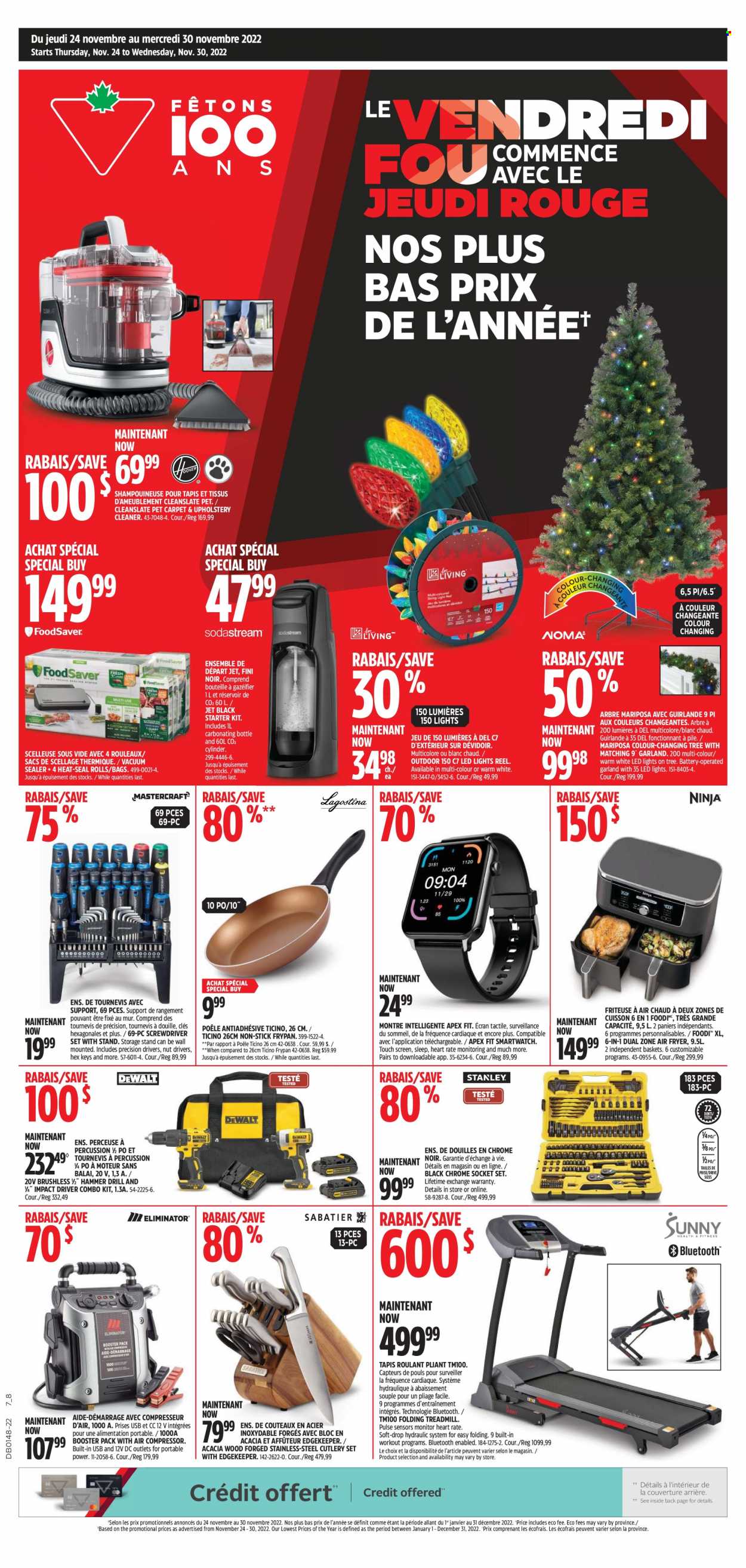 thumbnail - Canadian Tire Flyer - November 24, 2022 - November 30, 2022 - Sales products - cleaner, basket, vacuum sealer, cutlery set, frying pan, percussion instrument, air fryer, garland, treadmill, reel, socket, drill, screwdriver, impact driver, socket set, combo kit, screwdriver set, air compressor. Page 1.