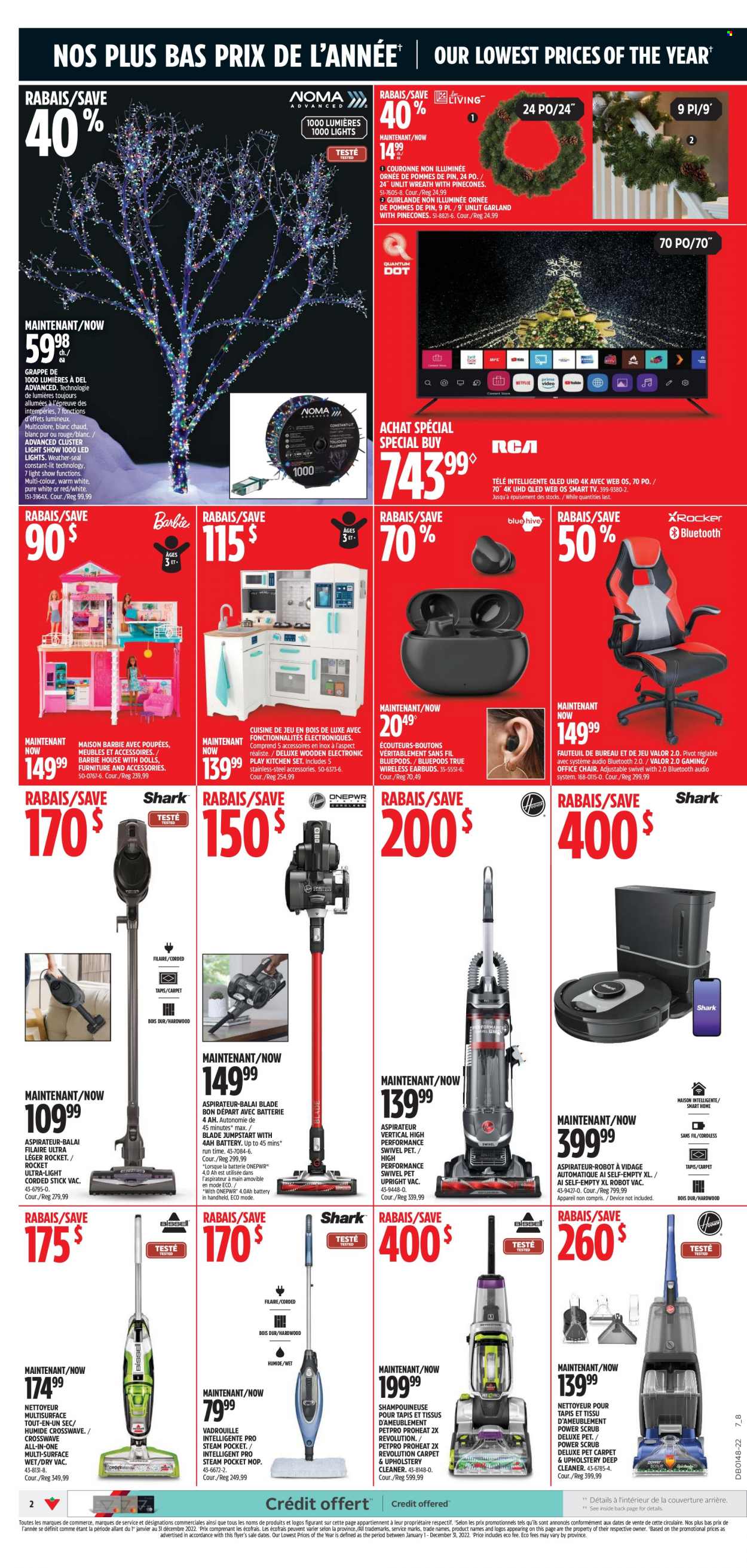 thumbnail - Canadian Tire Flyer - November 24, 2022 - November 30, 2022 - Sales products - chair, cleaner, mop, Barbie, pin, TV, earbuds, vacuum cleaner, robot vacuum, office chair, wreath, garland, doll, rocket, kitchen set, LED light, robot, smart tv. Page 2.
