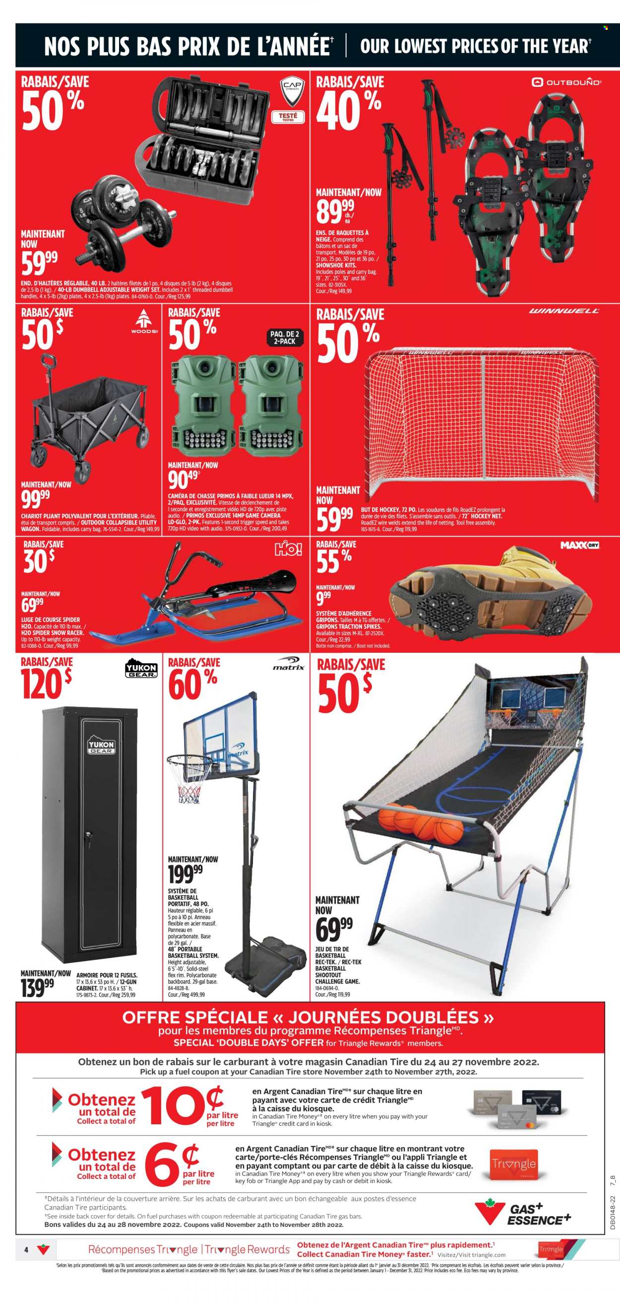 thumbnail - Canadian Tire Flyer - November 24, 2022 - November 30, 2022 - Sales products - game cam, plate, cabinet, portable basketball system, basketball, dumbbell, gun, wagon, camera. Page 4.