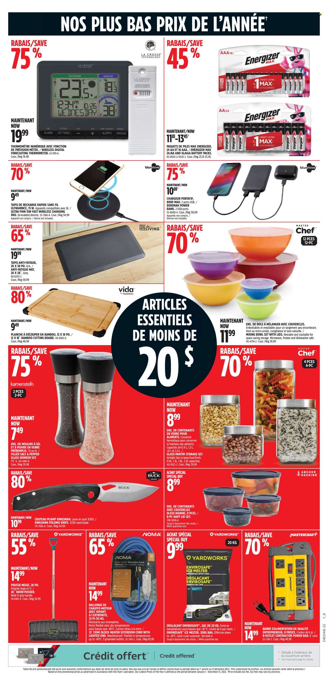 thumbnail - Canadian Tire Flyer - November 24, 2022 - November 30, 2022 - Sales products - knife, thermometer, cutting board, lid, mixing bowl, bowl set, storage container set, power bank, freezer, microwave, grinder, folding knife, heater, anti-fatigue mat, extension cord, ice melter, Energizer. Page 8.