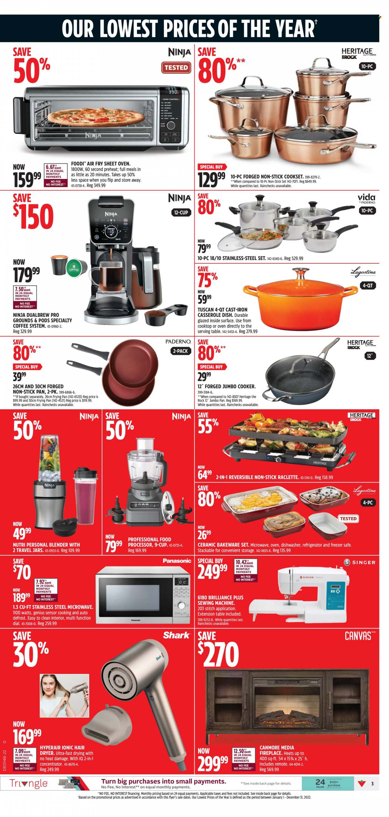 thumbnail - Canadian Tire Flyer - November 24, 2022 - December 01, 2022 - Sales products - pan, casserole, bakeware, jar, freezer, refrigerator, oven, microwave, dishwasher, cooktop, iron, sewing machine, hair dryer, ionic hair dryer, table, fireplace, blender, Panasonic. Page 3.